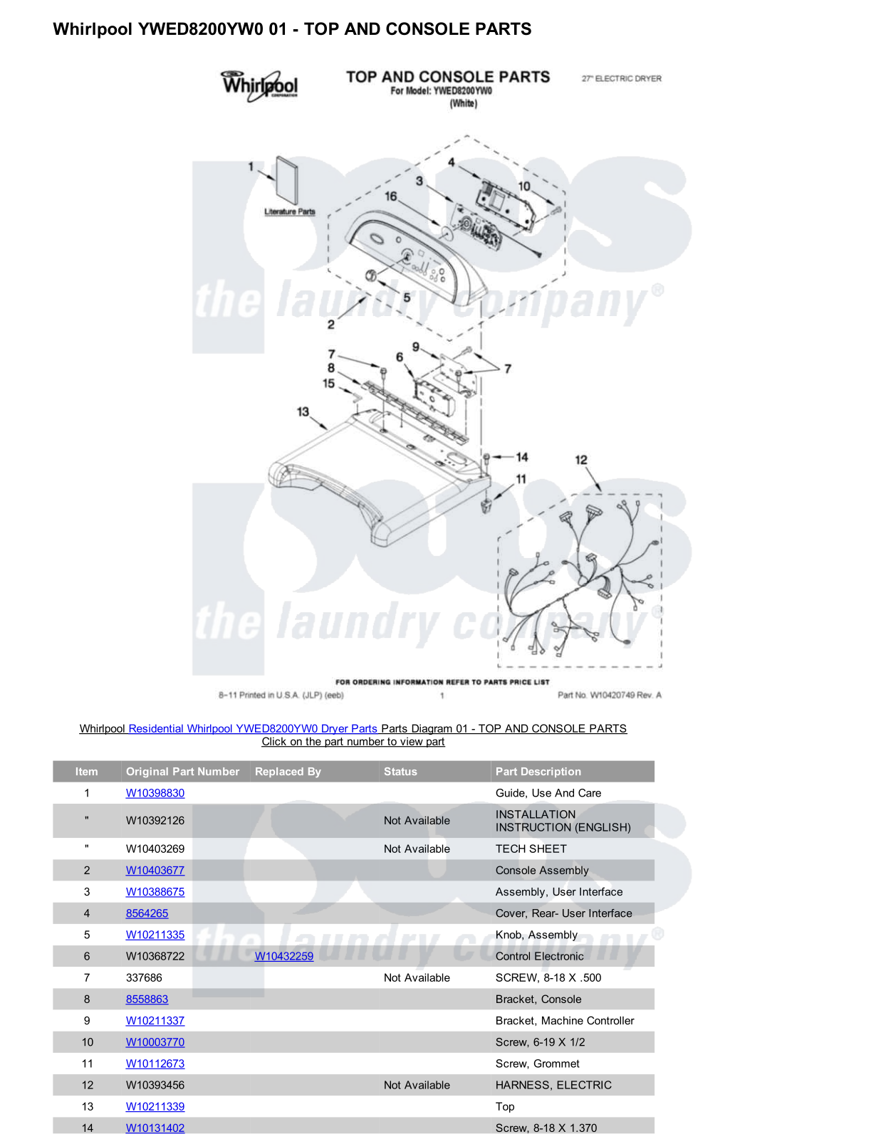 Whirlpool YWED8200YW0 Parts Diagram