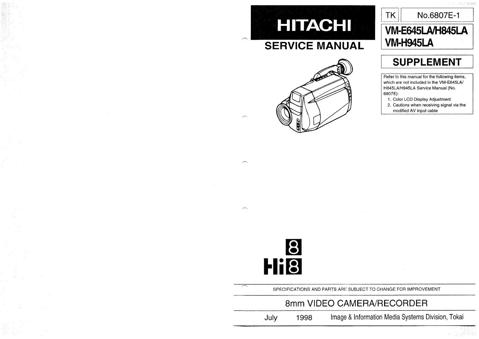 Hitachi VME645 Service Manual