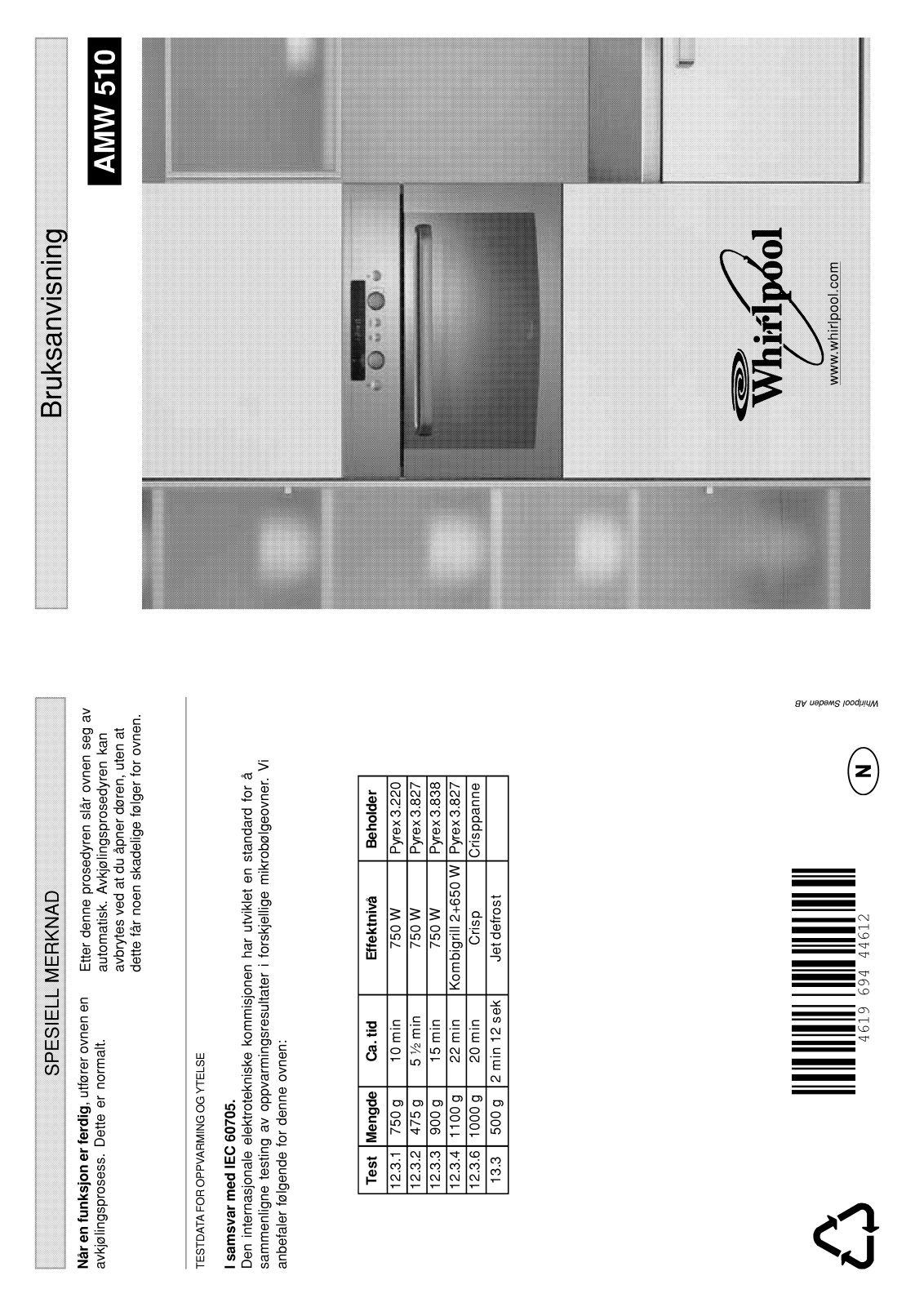 WHIRLPOOL AMW 510 IX User Manual