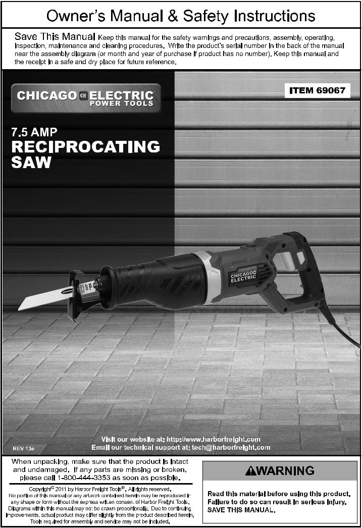 Chicago Electric 7.5 Amp Reciprocating Saw User Manual