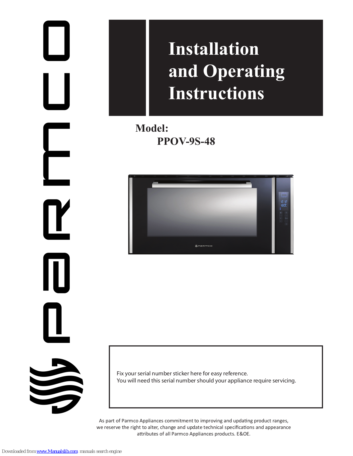 Parmco PPOV-9S-48 Installation And Operating Instructions Manual