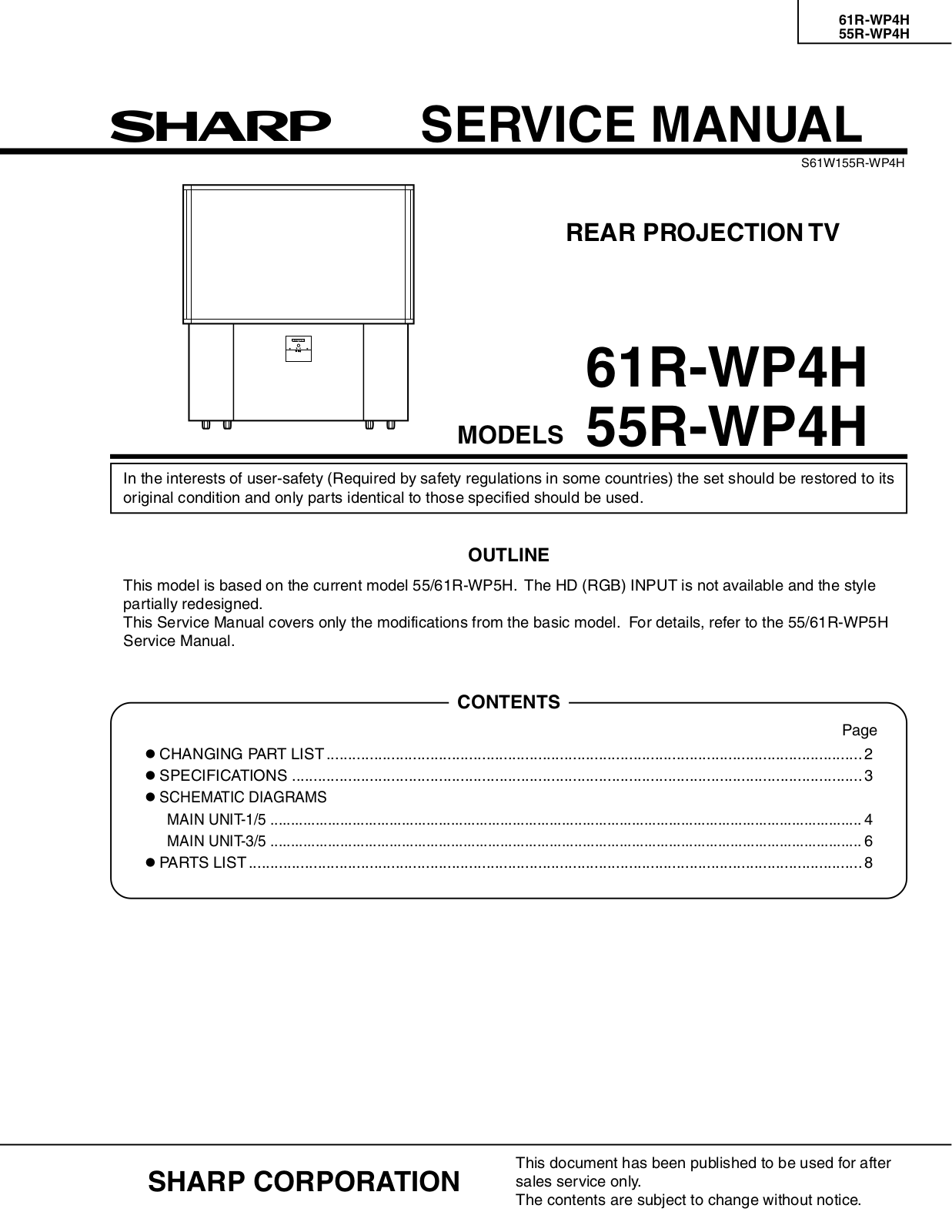 SHARP 55-61RWP4H, 61R-WP4H, 55R-WP4H Service Manual