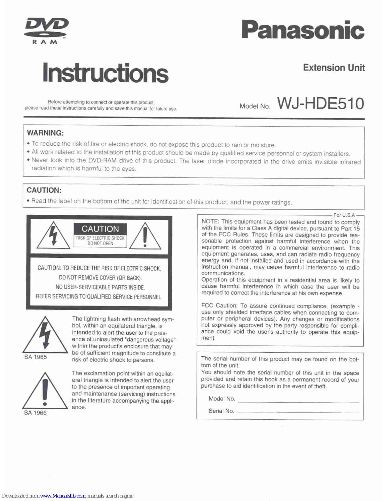 Panasonic WJ-HDE510 Instructions Manual