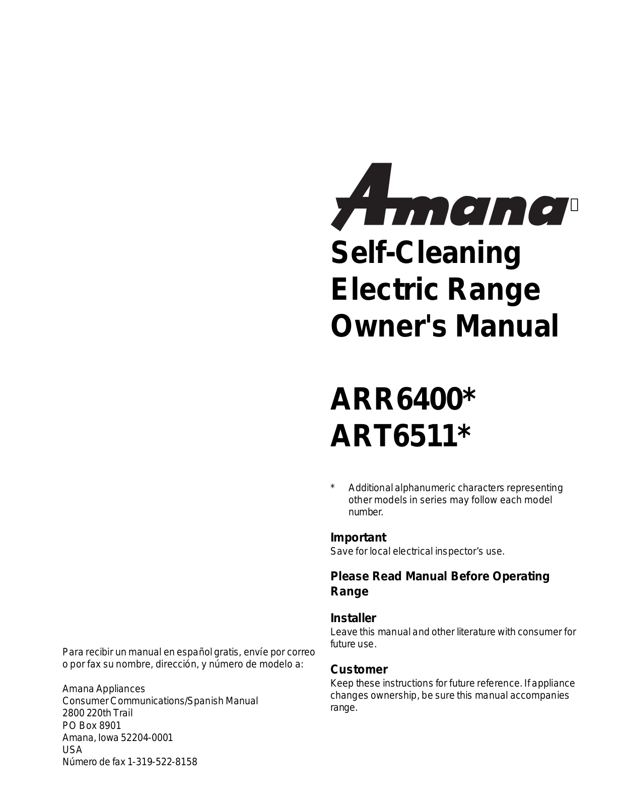 Amana ARR6400, ART6511 User Manual