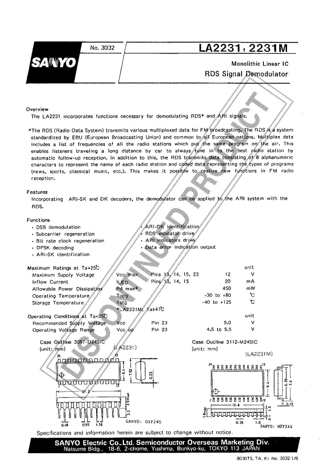 Sanyo LA2231 Specifications