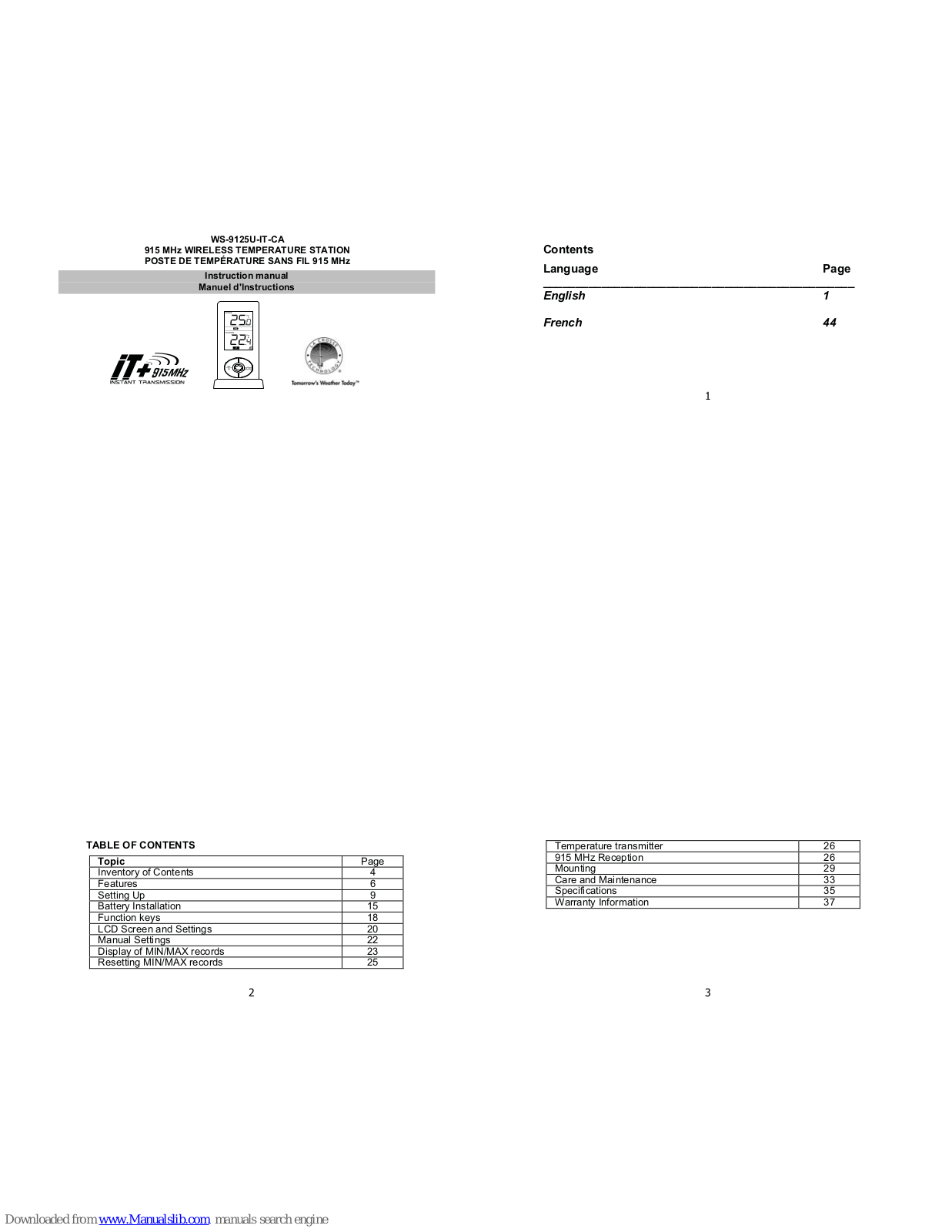 La Crosse Technology WS-9125U-IT-CA Instruction Manual