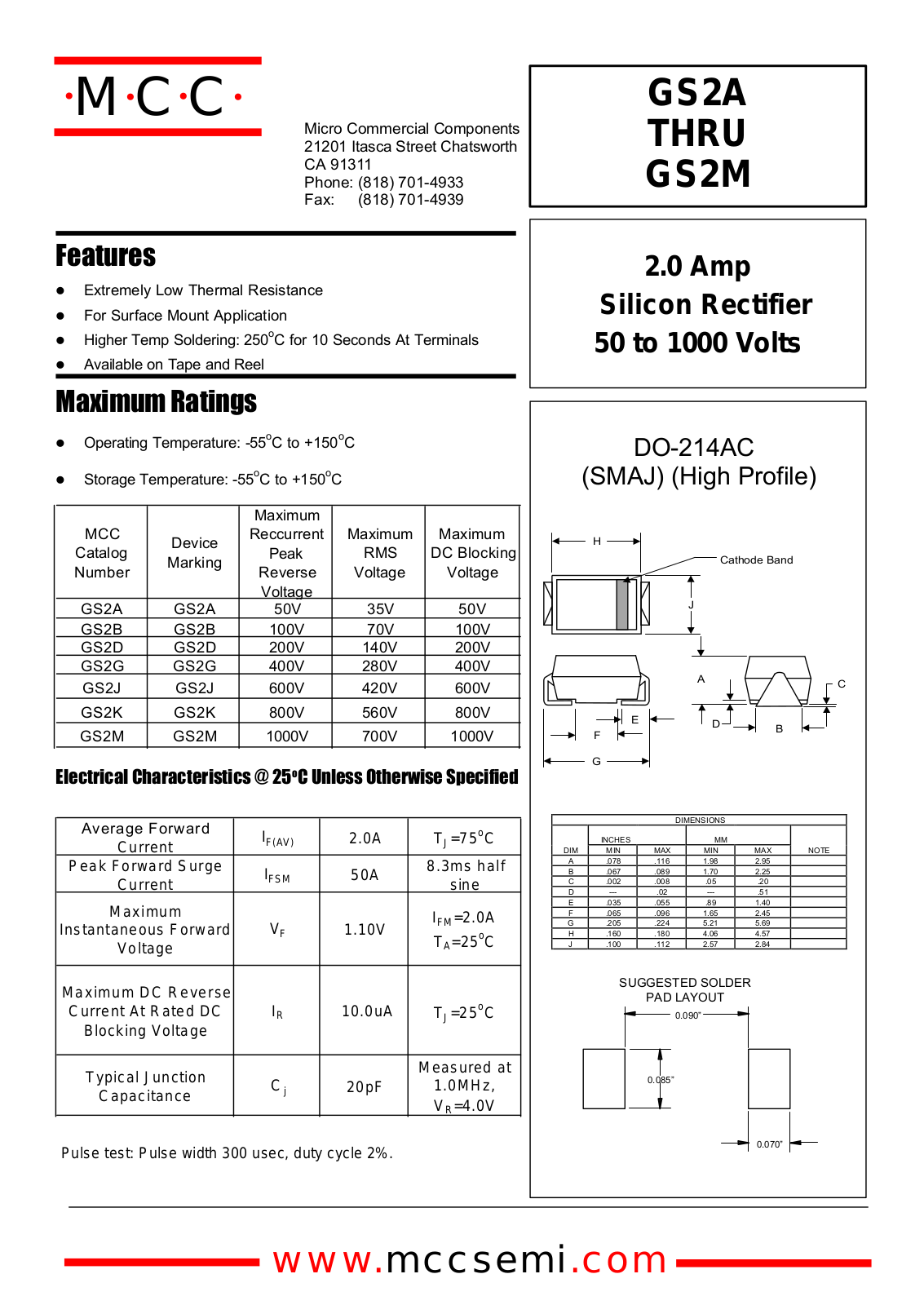 MCC GS2B, GS2M, GS2K, GS2J, GS2G Datasheet