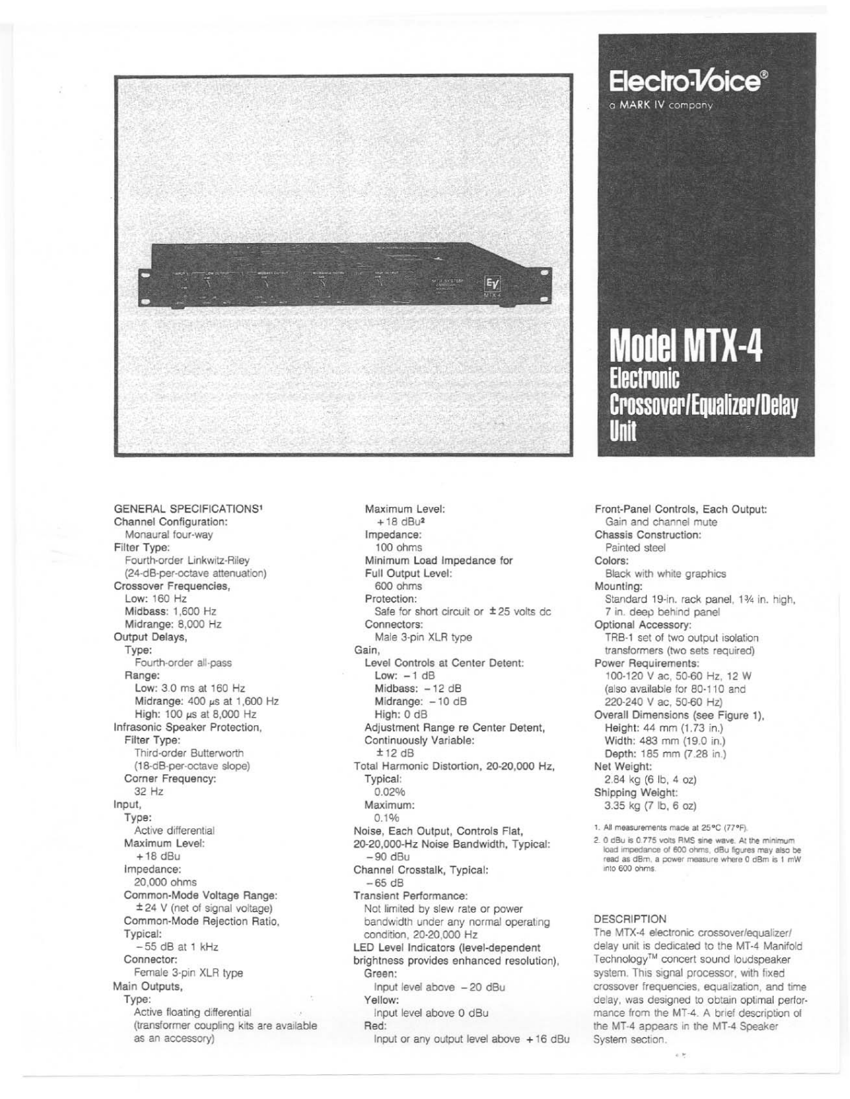 Electro-voice MTX-4 DATASHEET