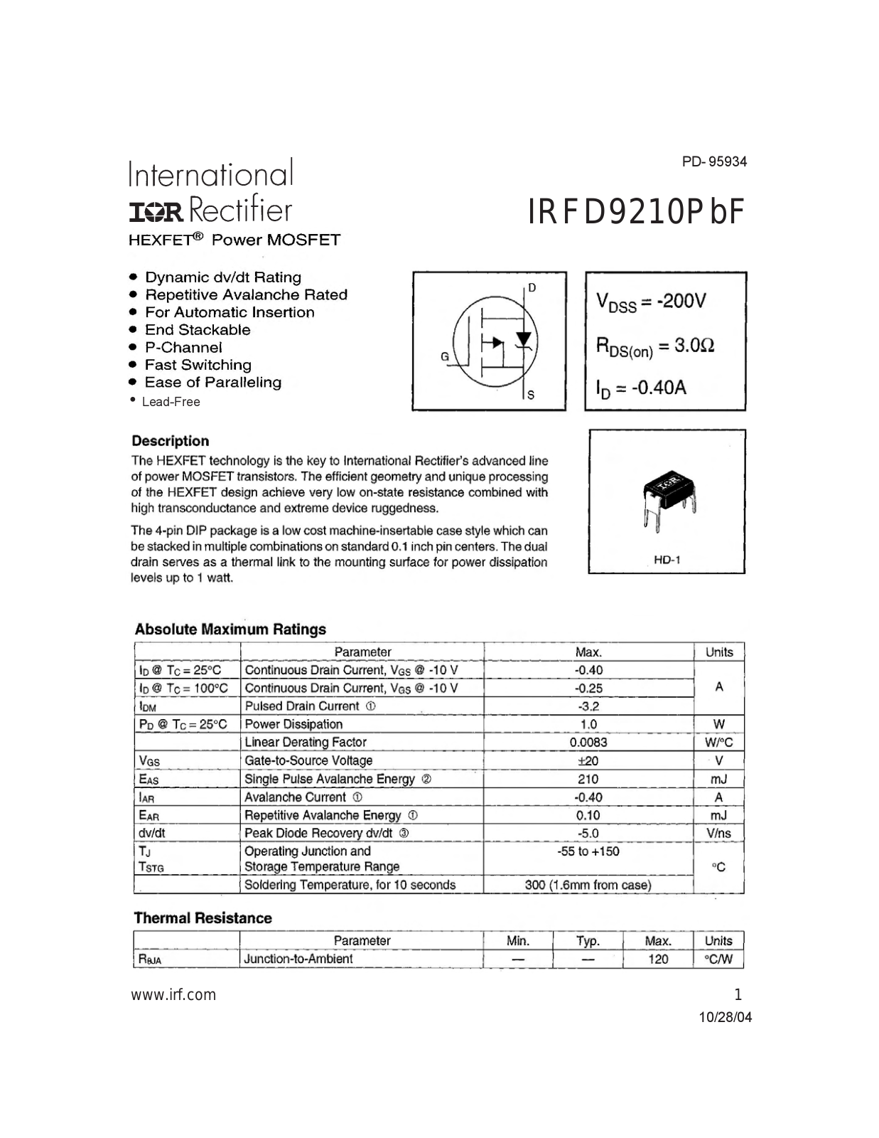 Datasheet IRFD9210PBF Specification - ManualMachine.com