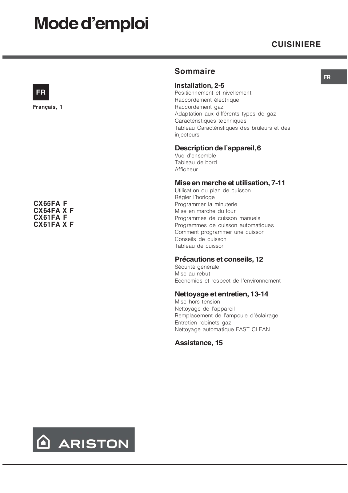 ARISTON CX65FAX, CX65FAW User Manual