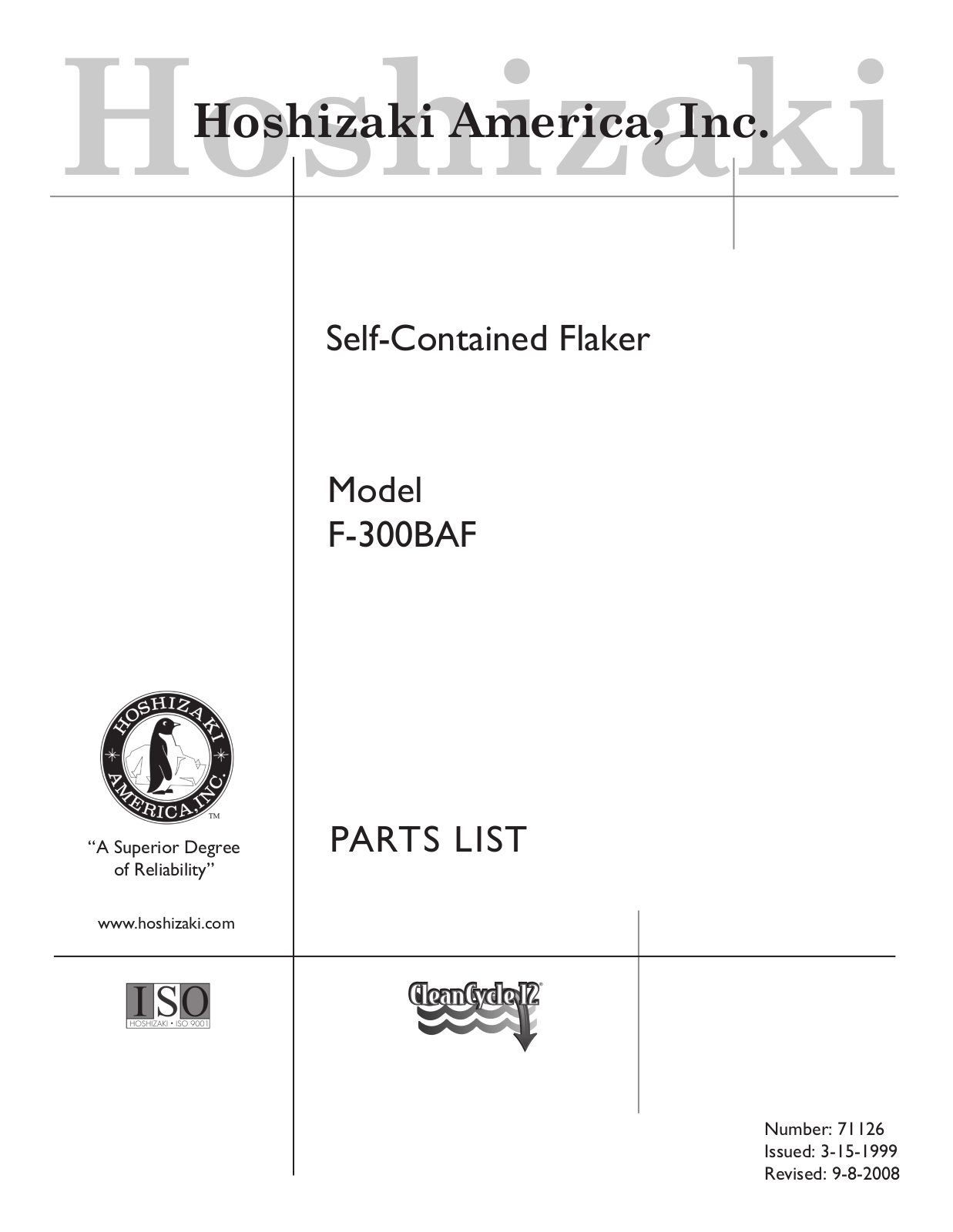 Hoshizaki American, Inc. F-300BAF Part Manual