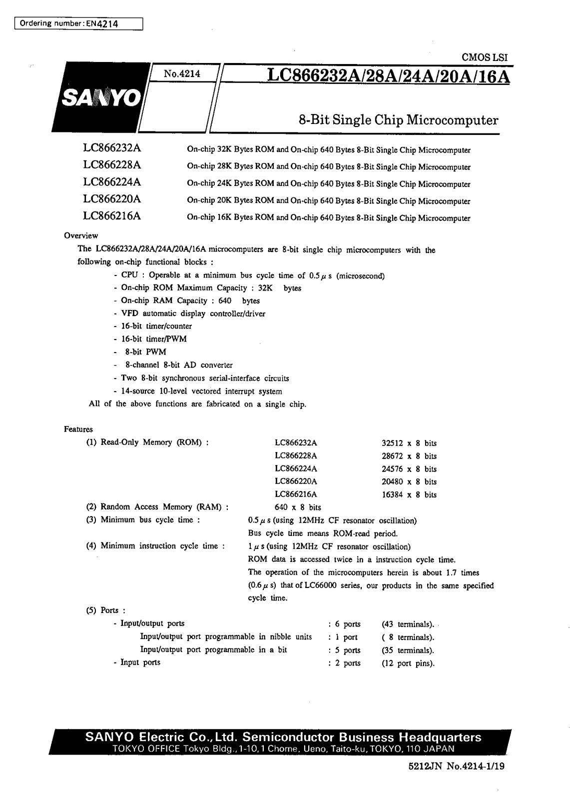 SANYO LC866232A, LC866228A, LC866224A, LC866220A, LC866216A Datasheet