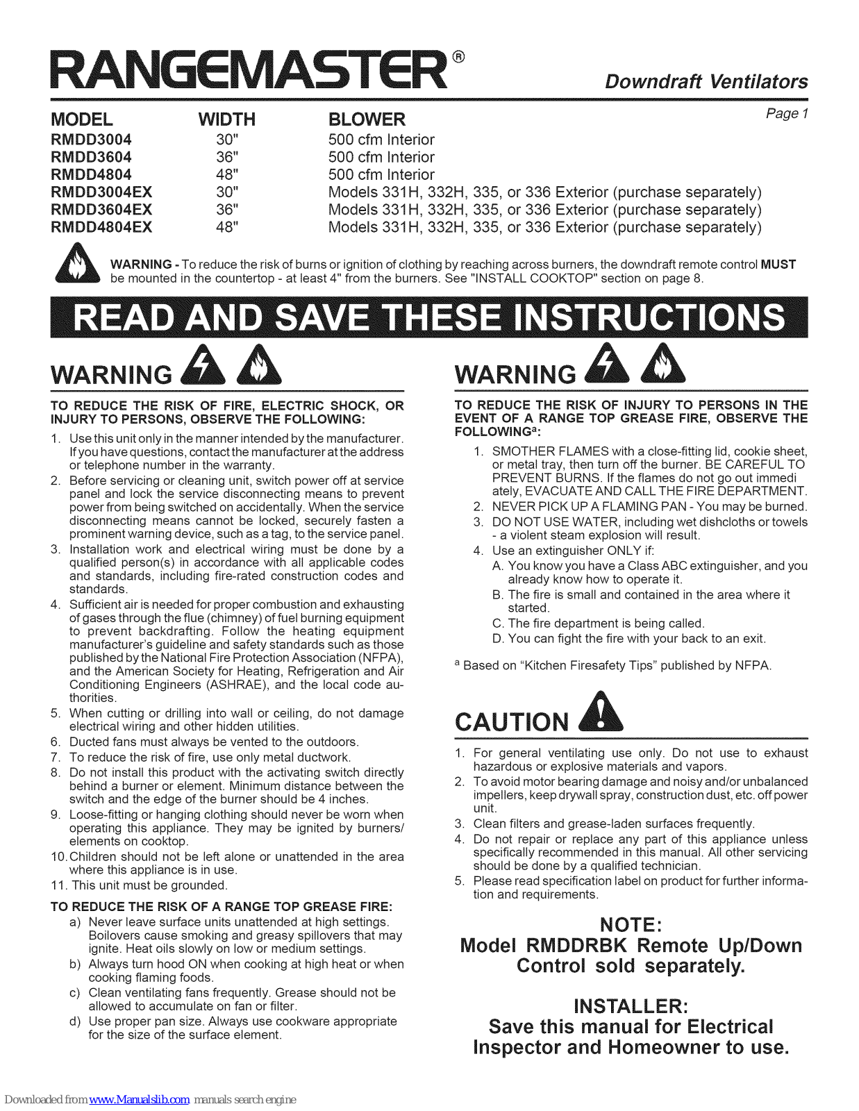 Rangemaster RMDD3604, RMDD3004EX Instructions Manual - ManualMachine.com