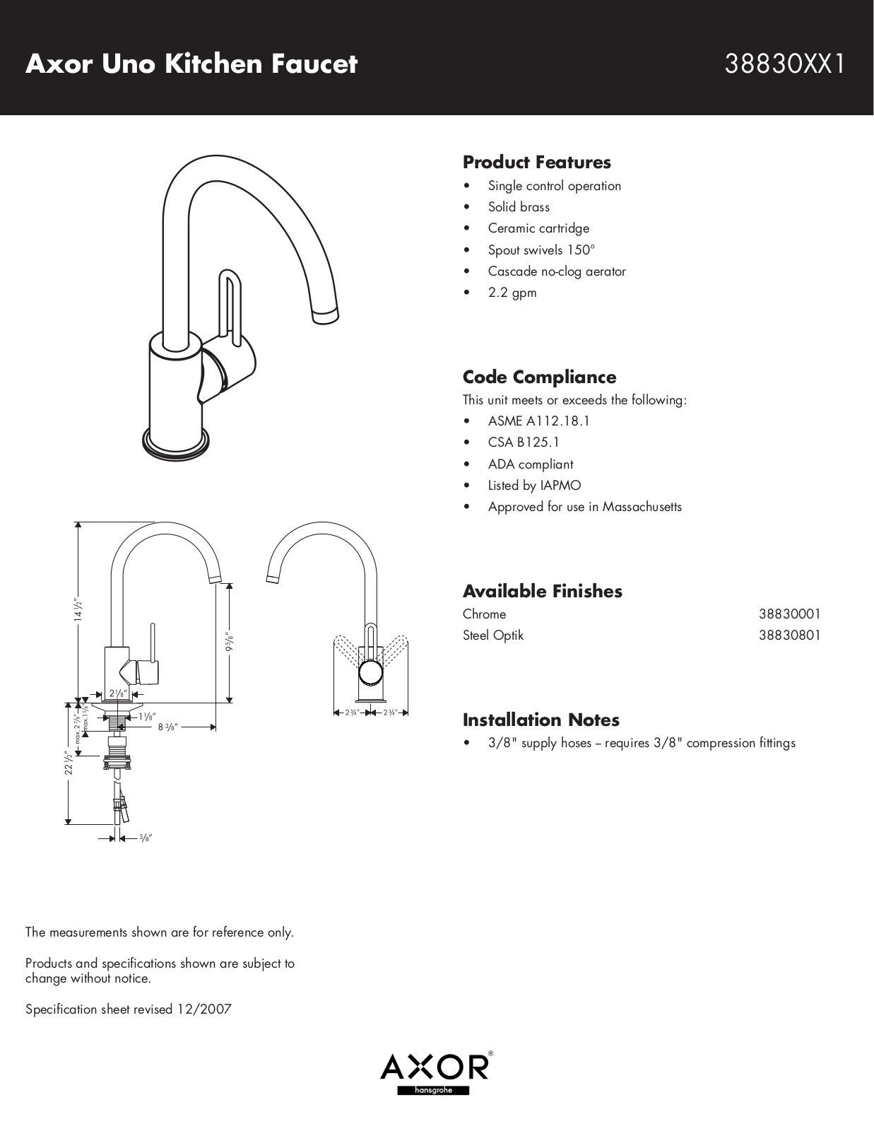 Axor Uno 38830XX1 User Manual