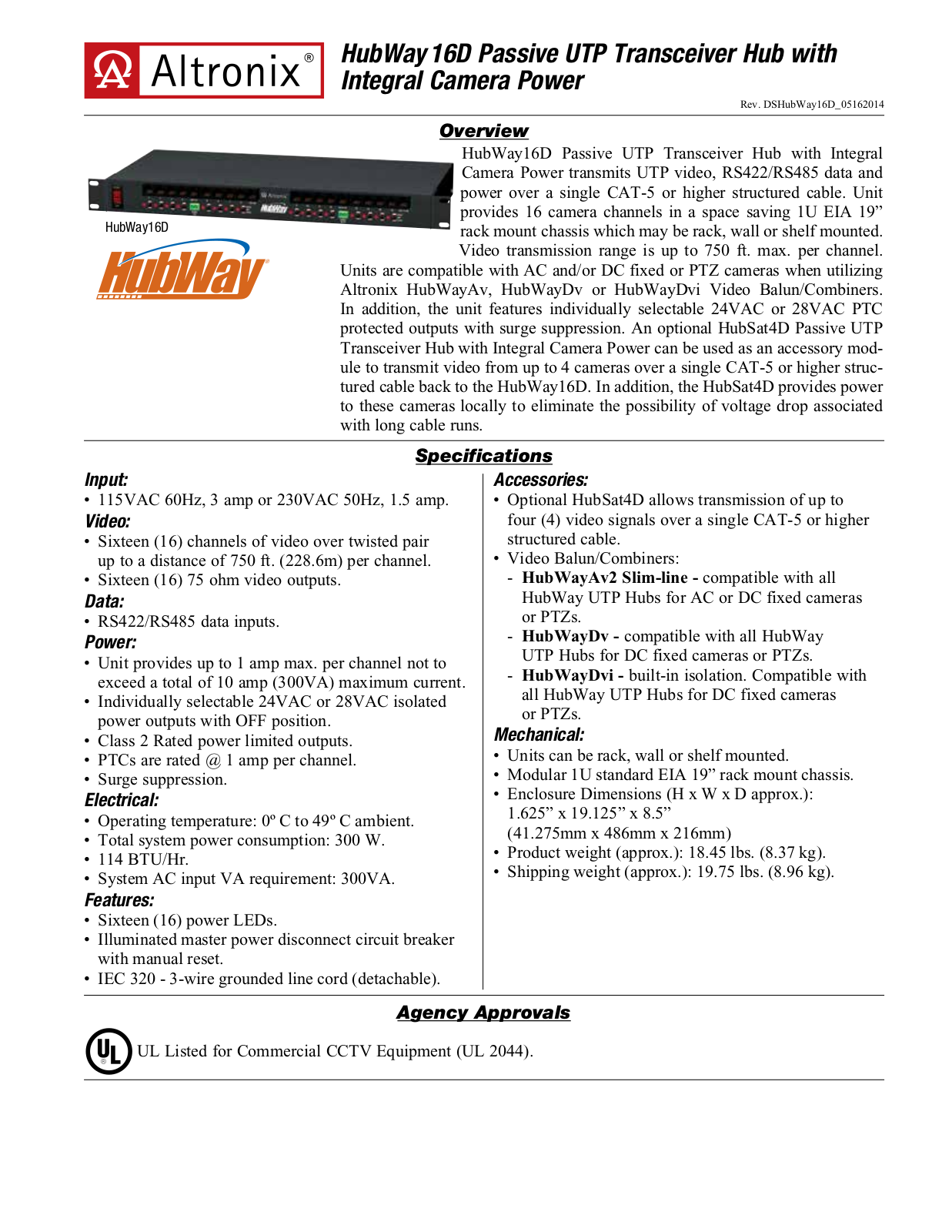 Altronix HubWay162D, HubWay163D Specsheet