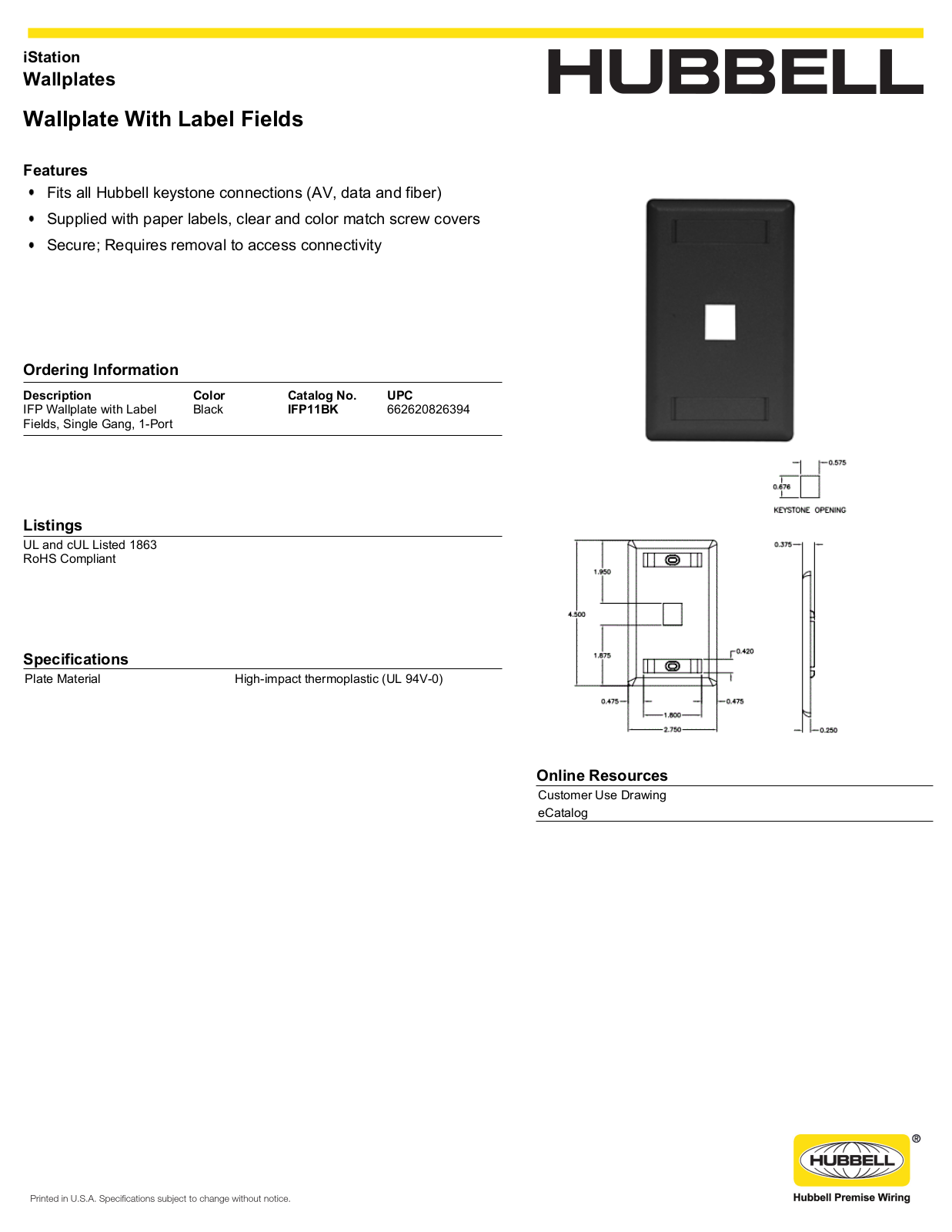 Hubbell IFP11BK Specifications