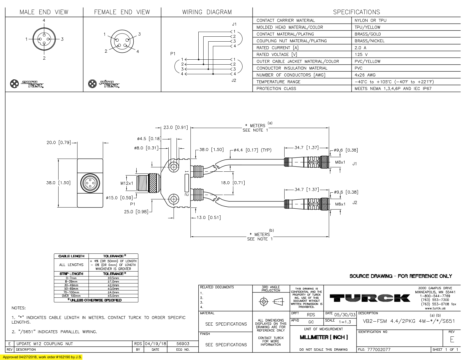 Turck VB2-FSM4.4/2PKG4M-3/3S651 Specification Sheet