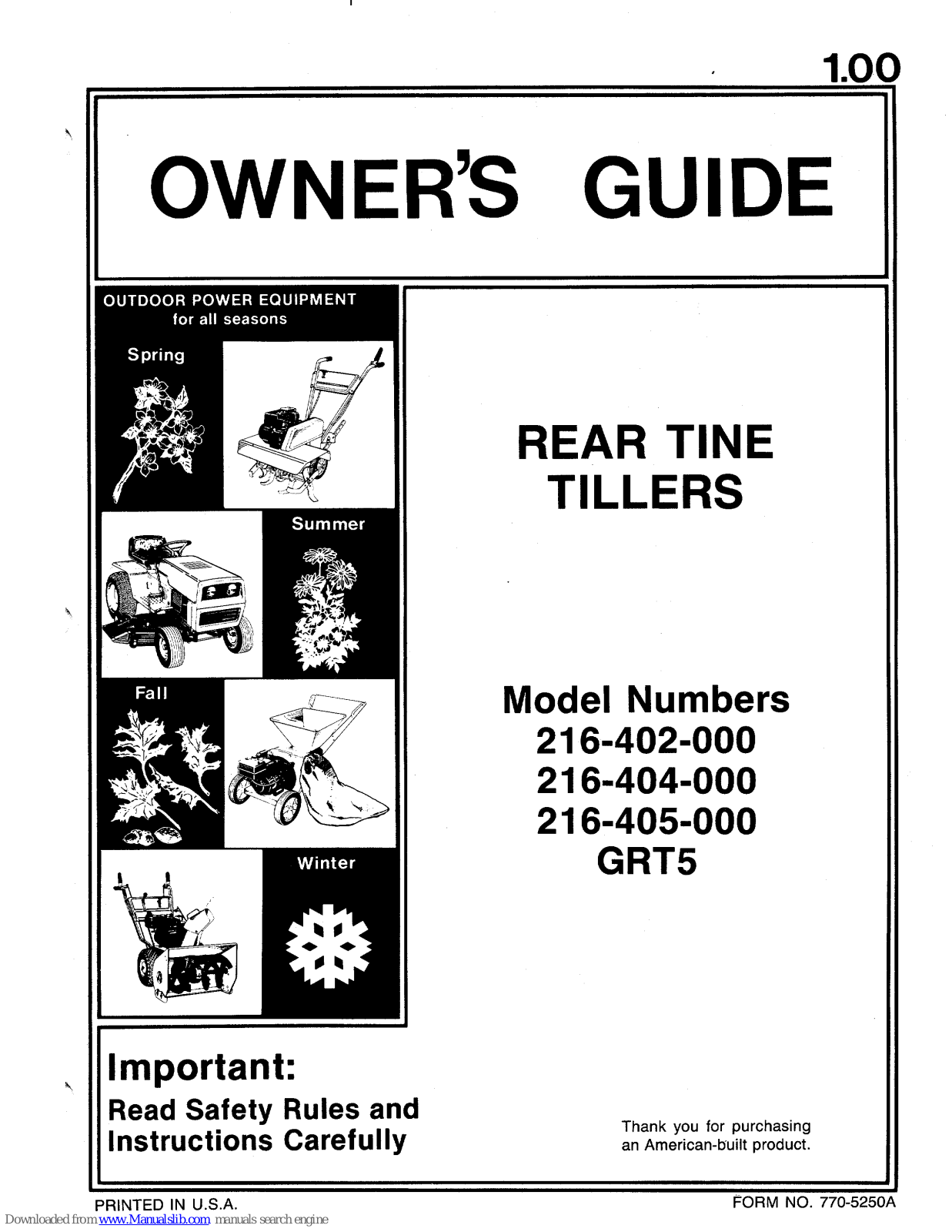 MTD 216-402-000, 216-404-000, 216-405-000, GRT5 Owner's Manual