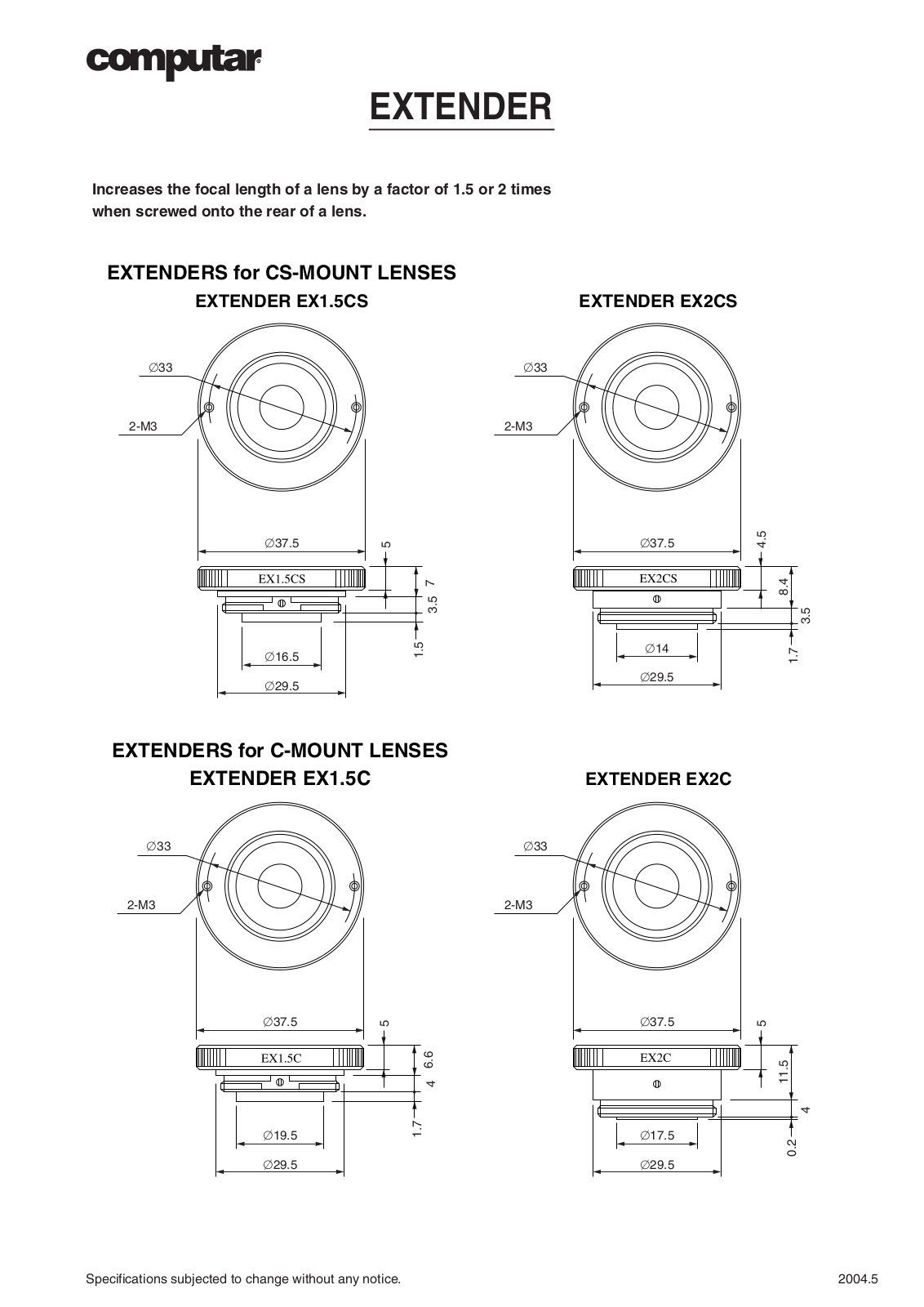 Computar EX1-5C, EX1-5CS, EX2C, EX2CS Specsheet