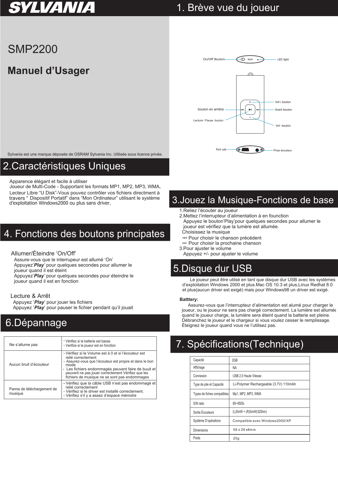 SYLVANIA SMP 2200 Manuel utilisateur