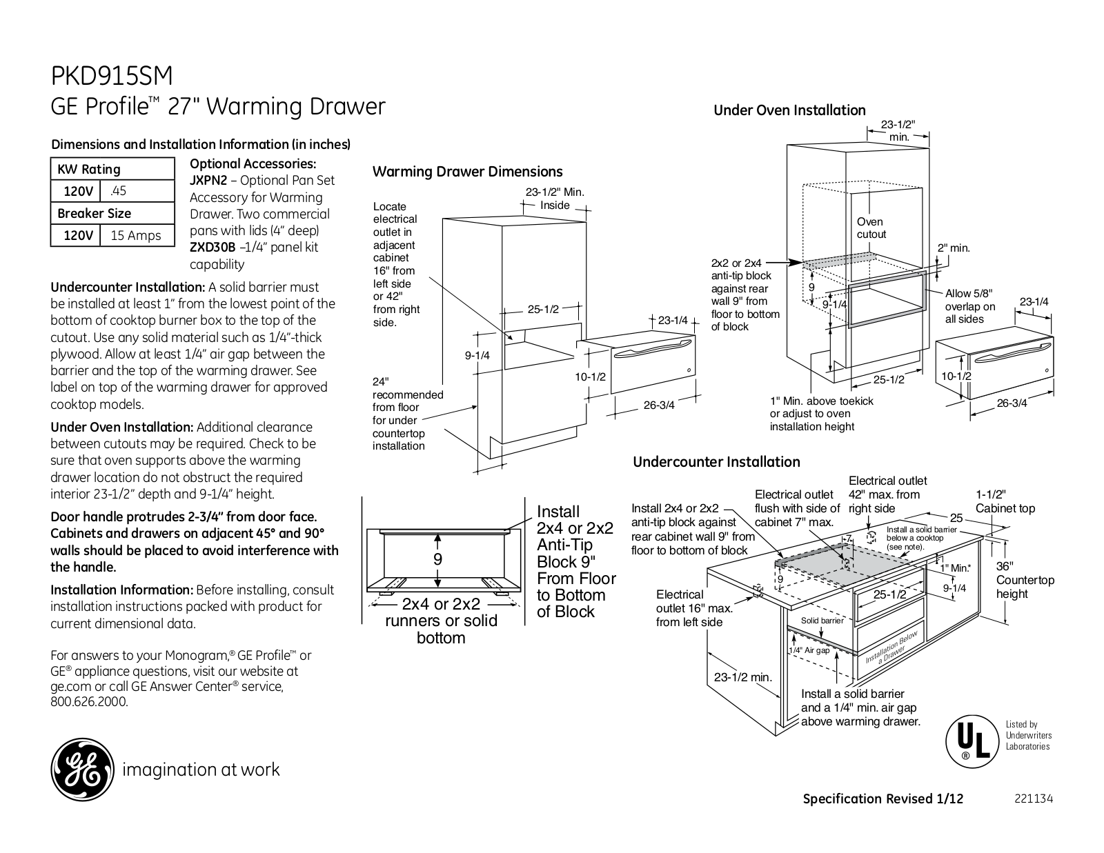 GE PKD915SM Specification