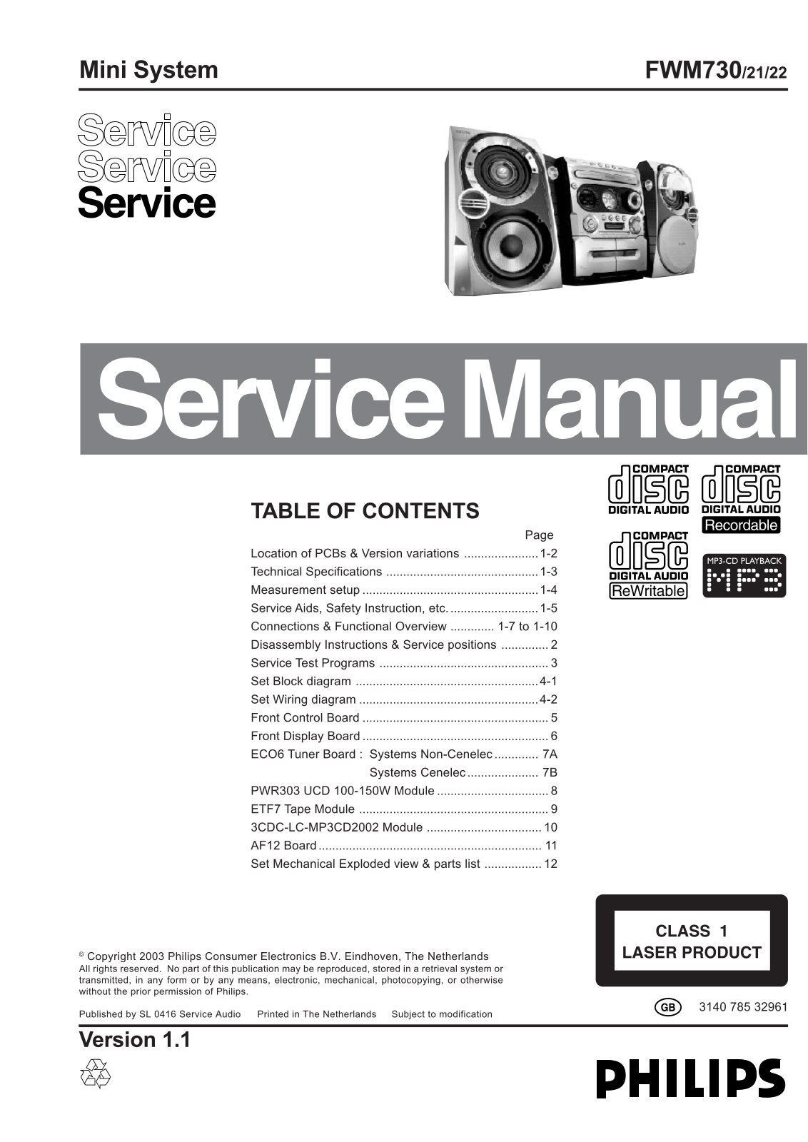 PHILIPS FWM730 Service Manual