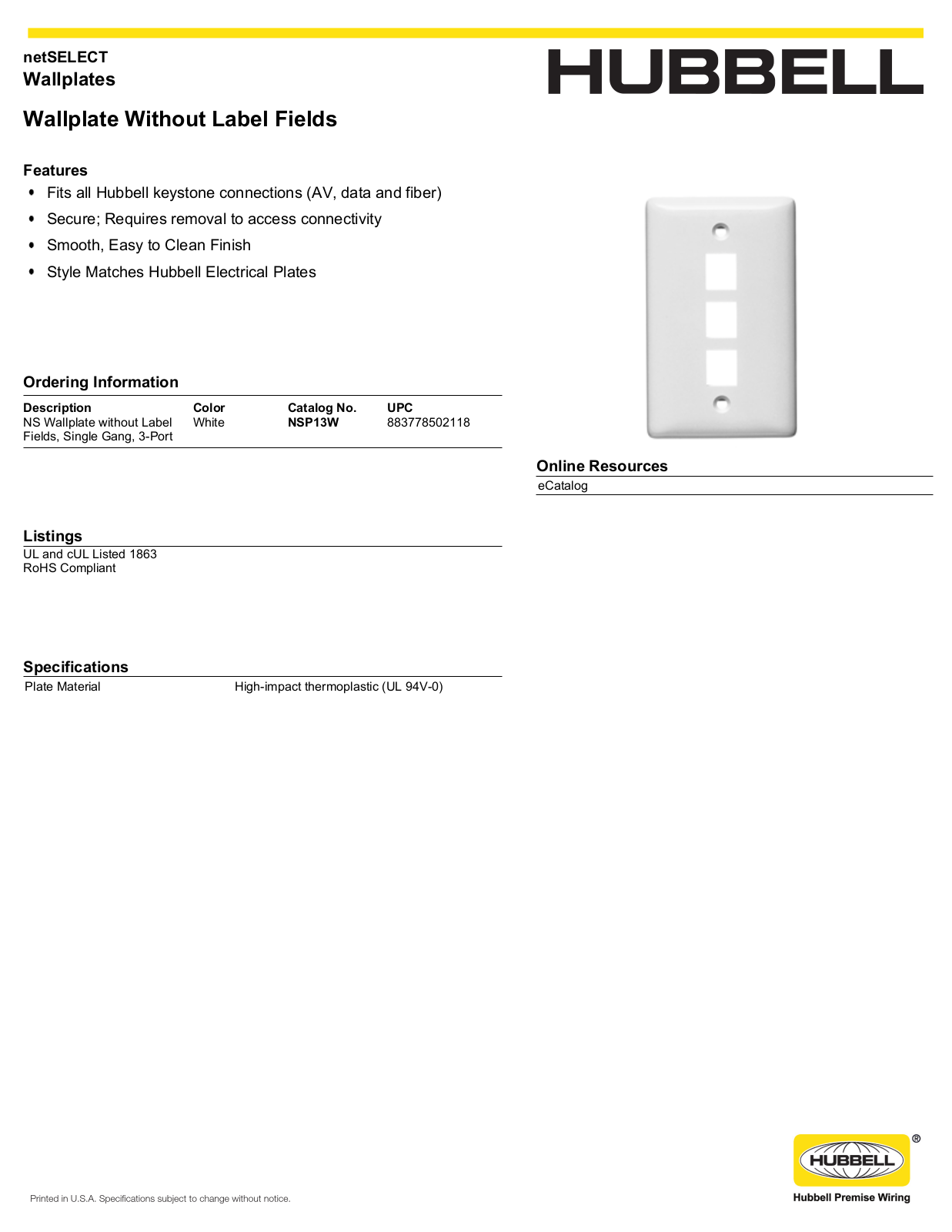 Hubbell NSP13W Specifications