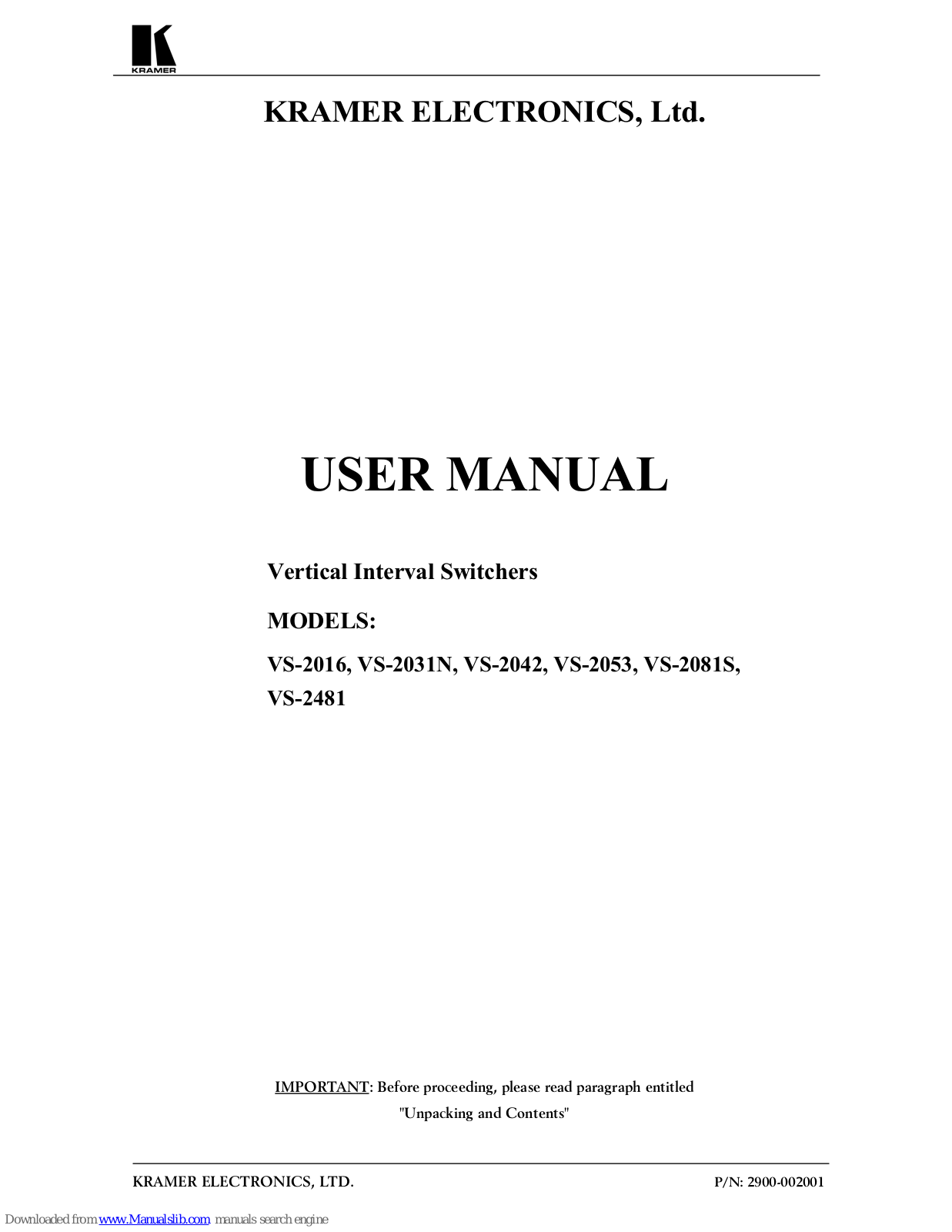 Kramer VS-2016, VS-2031N, VS-2042, VS-2081S, VS-2053 User Manual