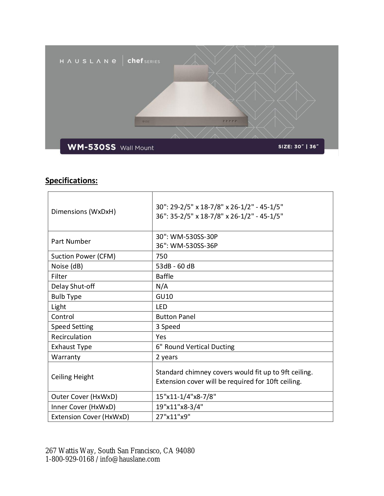 Hauslane WM530SS36P Specifications