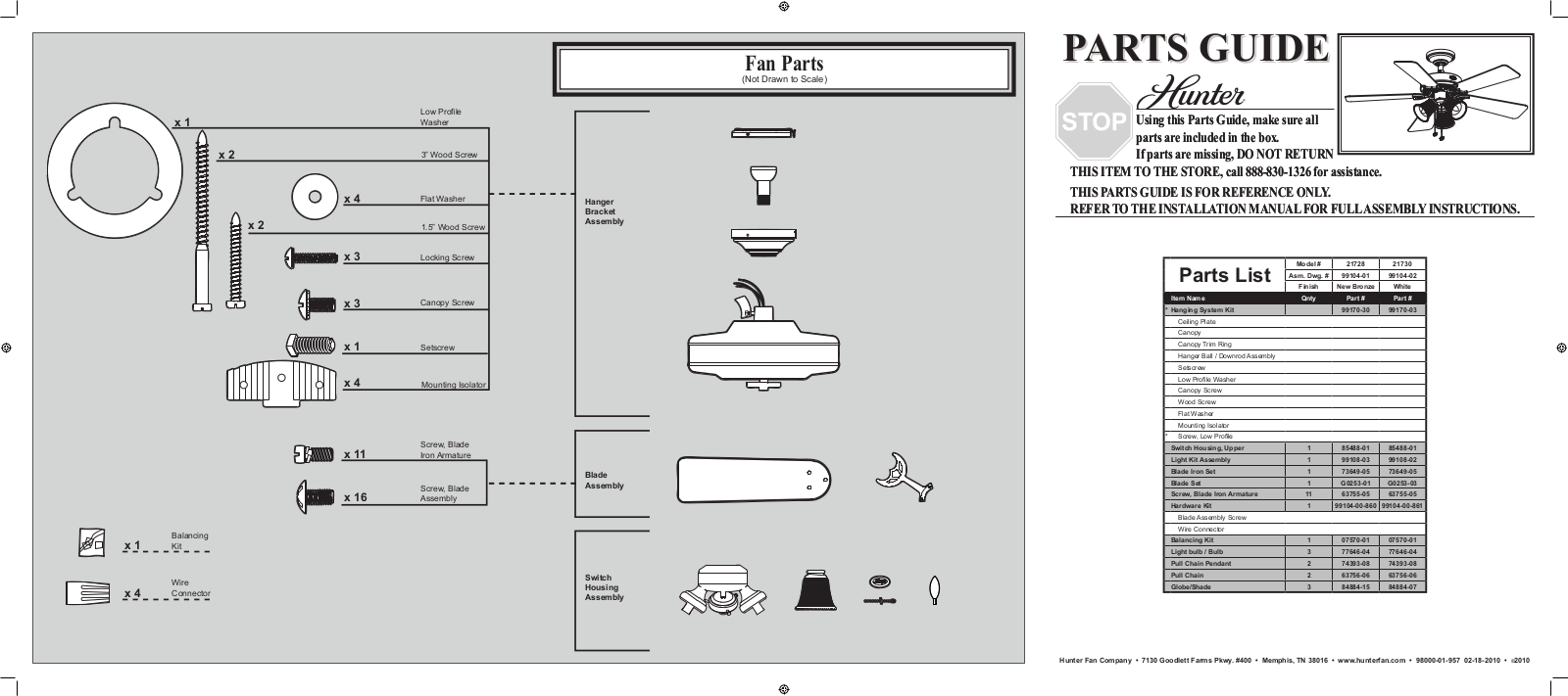 Hunter 21730 Parts Guide