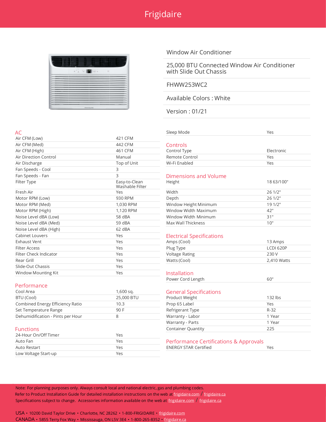 Frigidaire FHWW253WC2 Specification Sheet