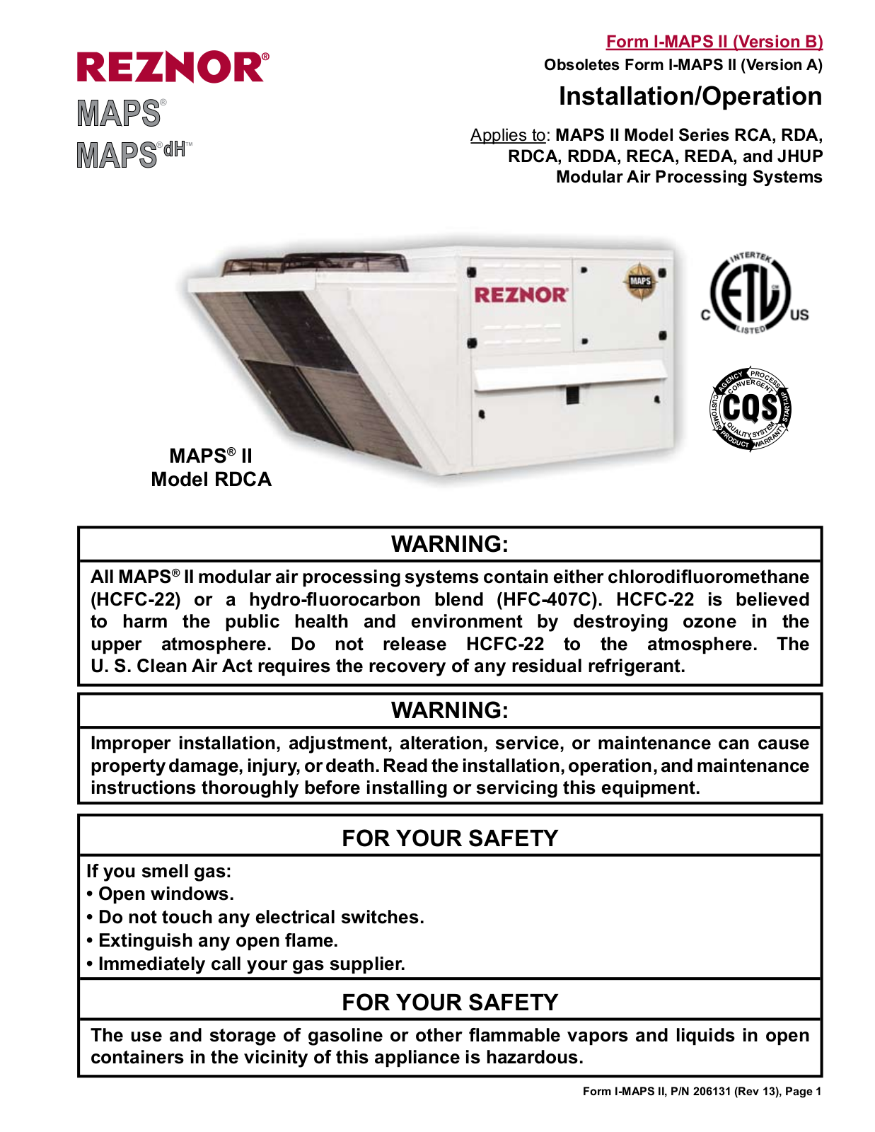 Reznor JHUP-250 Installation  Manual