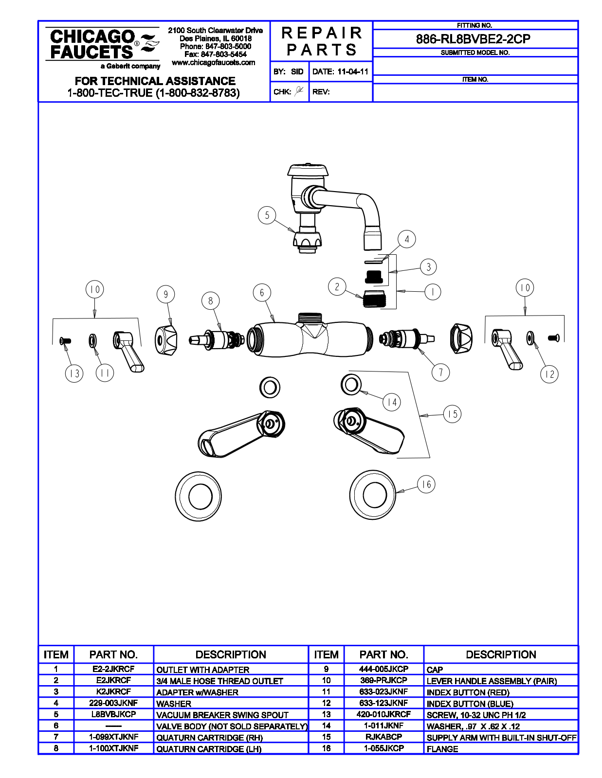 Chicago Faucet 886-RL8BVBE2-2 Parts List