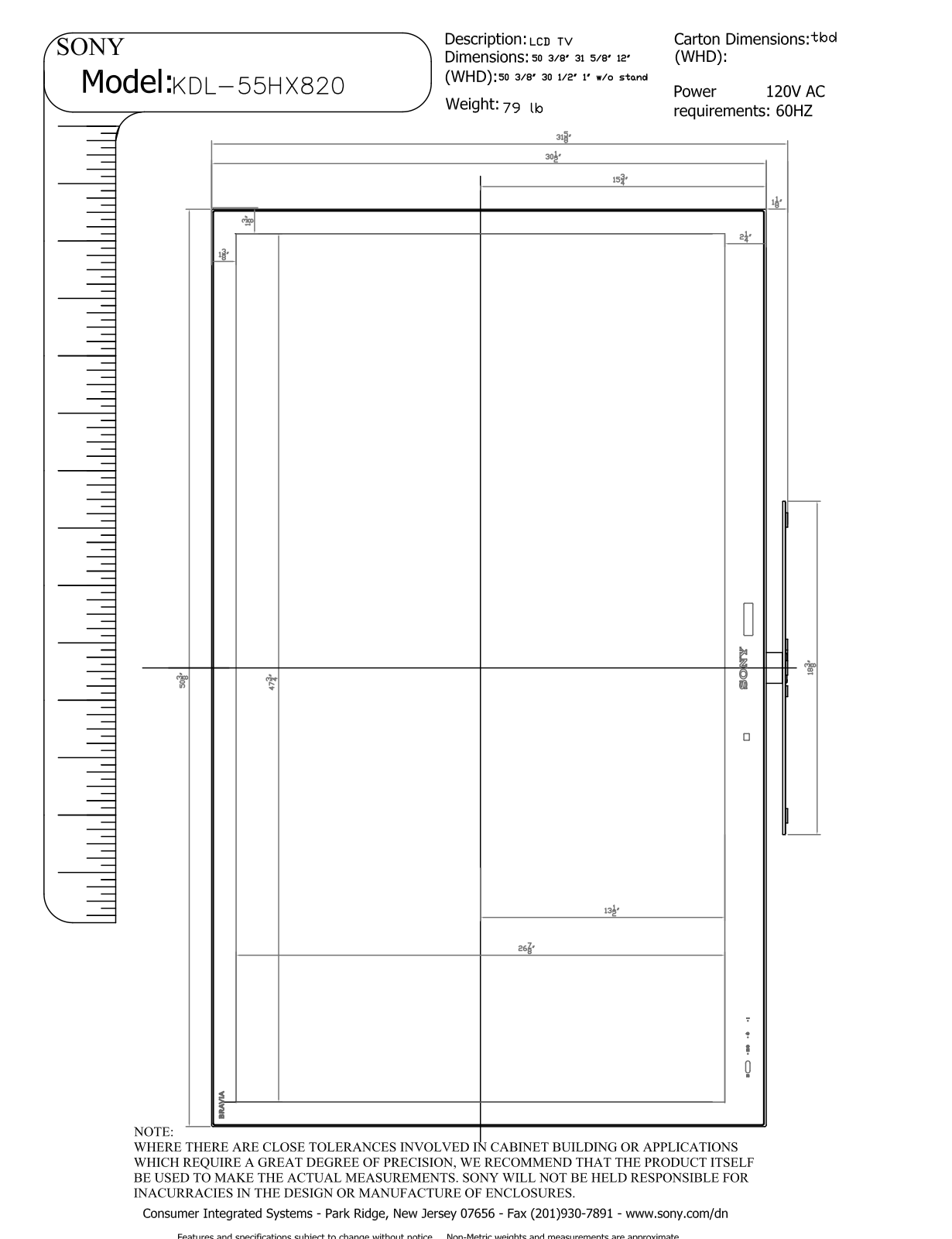 Sony KDL-55HX820 Dimensions Diagram