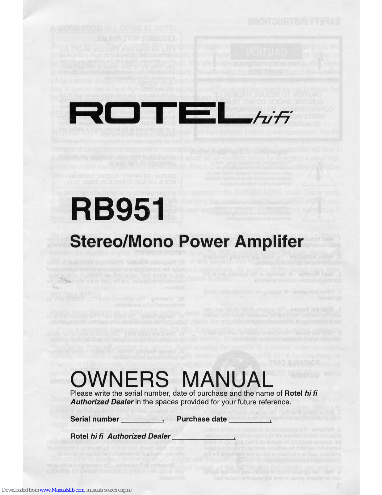 Rotel HIFI RB951, RB951 Owner's Manual