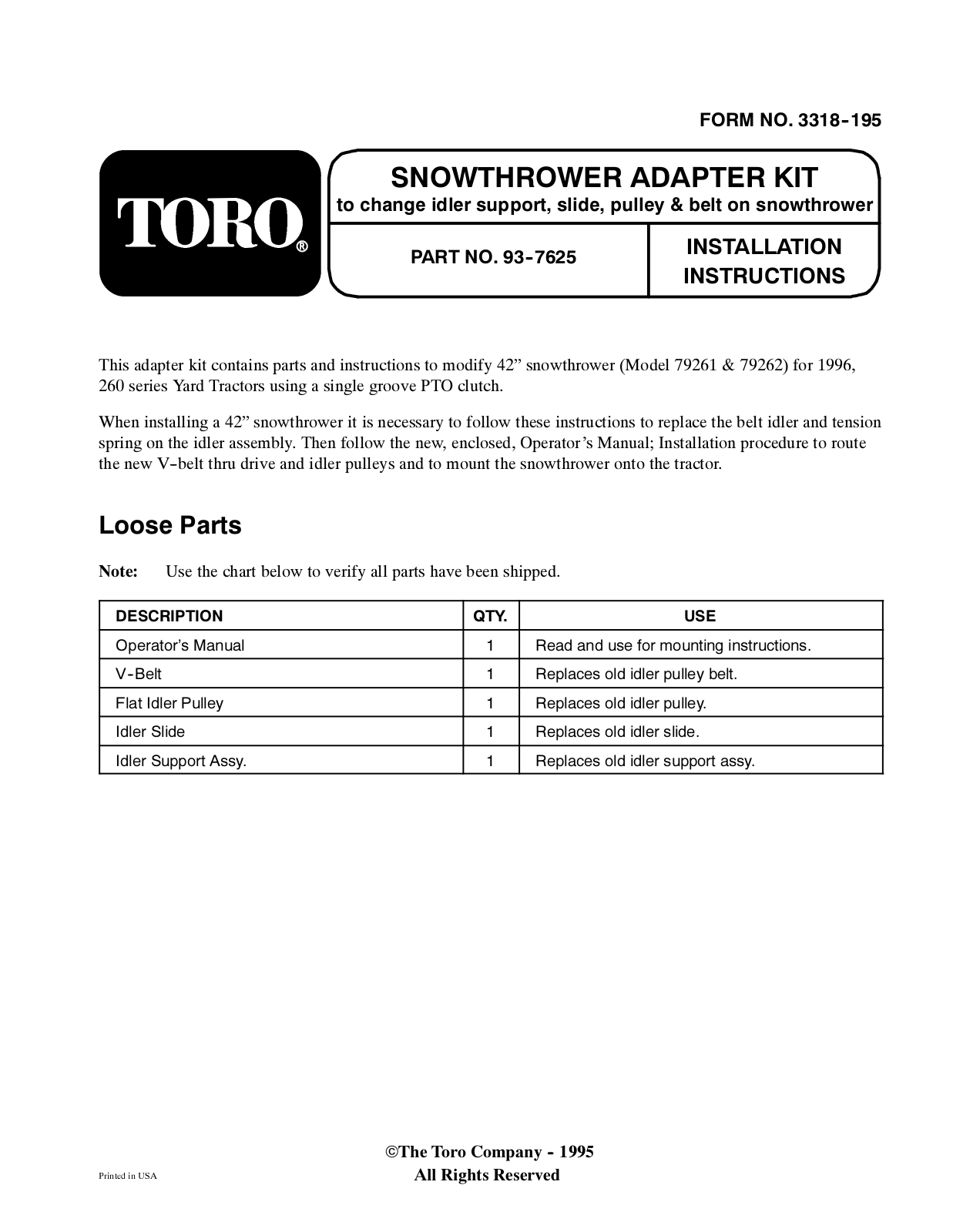 Toro 93-7625 Installation Instructions