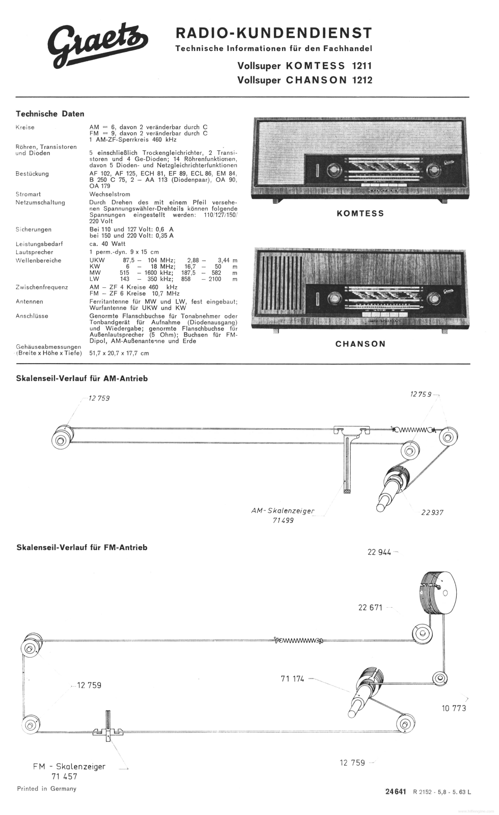 Graetz Komtess 1211, Chanson 1212 Service Info