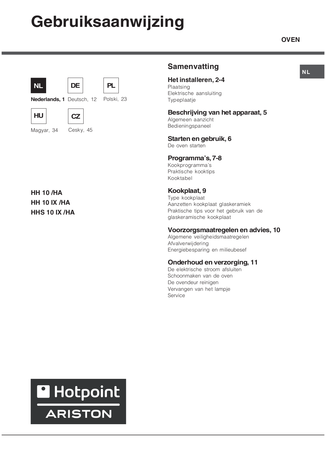 Hotpoint Ariston HH 10 IX/HA, HH 10, HHS 10 IX/HA User Manual