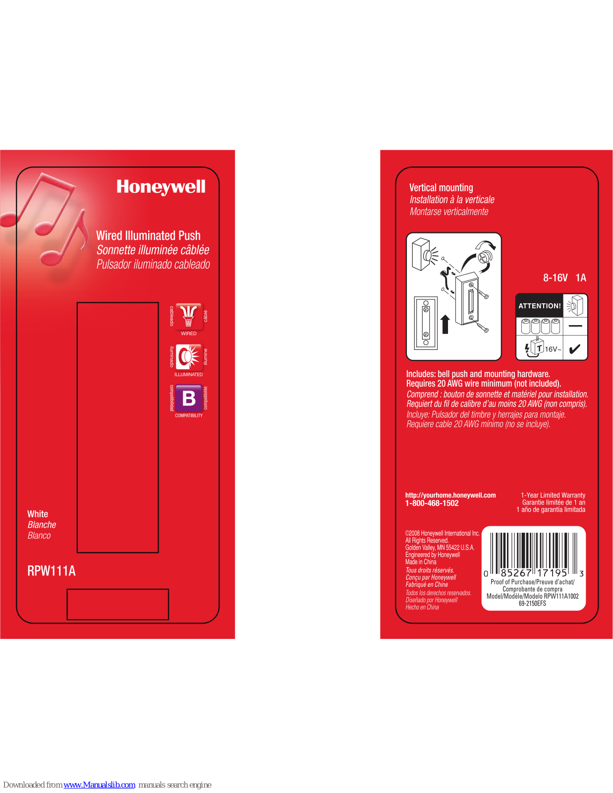 Honeywell RPW111A Mounting Instruction