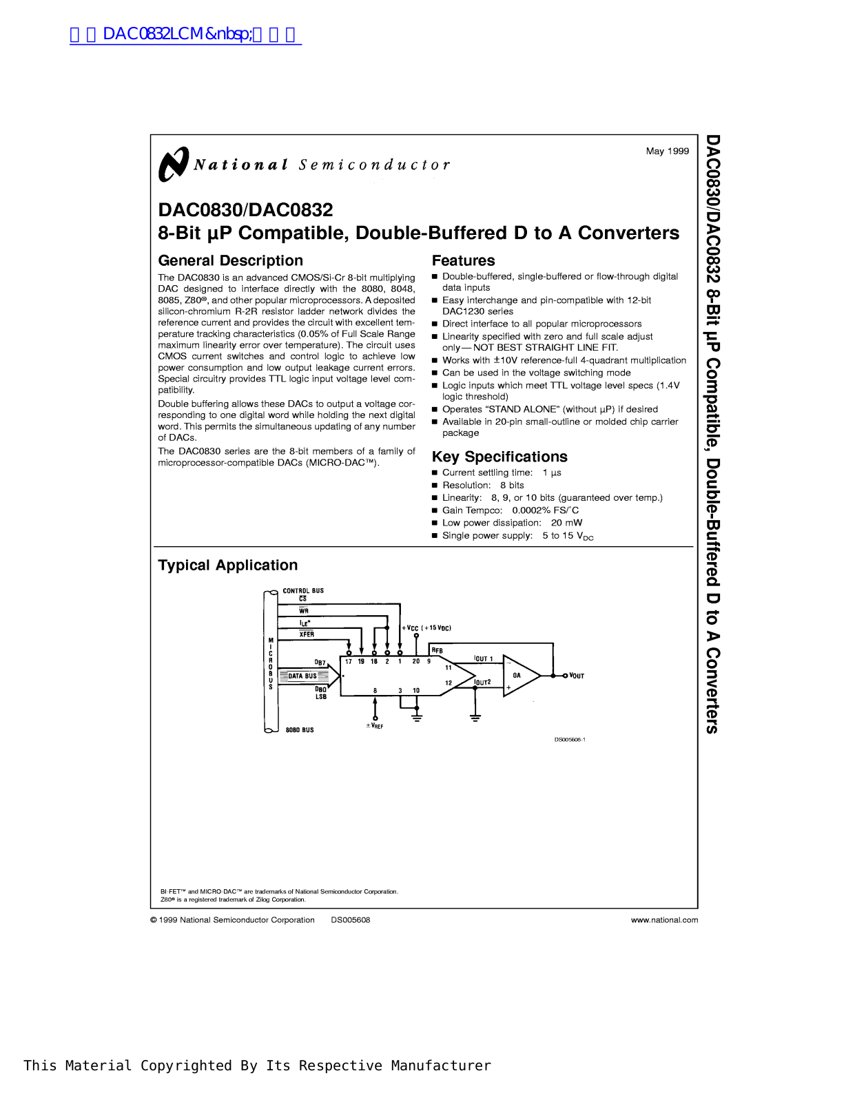 National Semiconductor DAC0830, DAC0832 Technical data