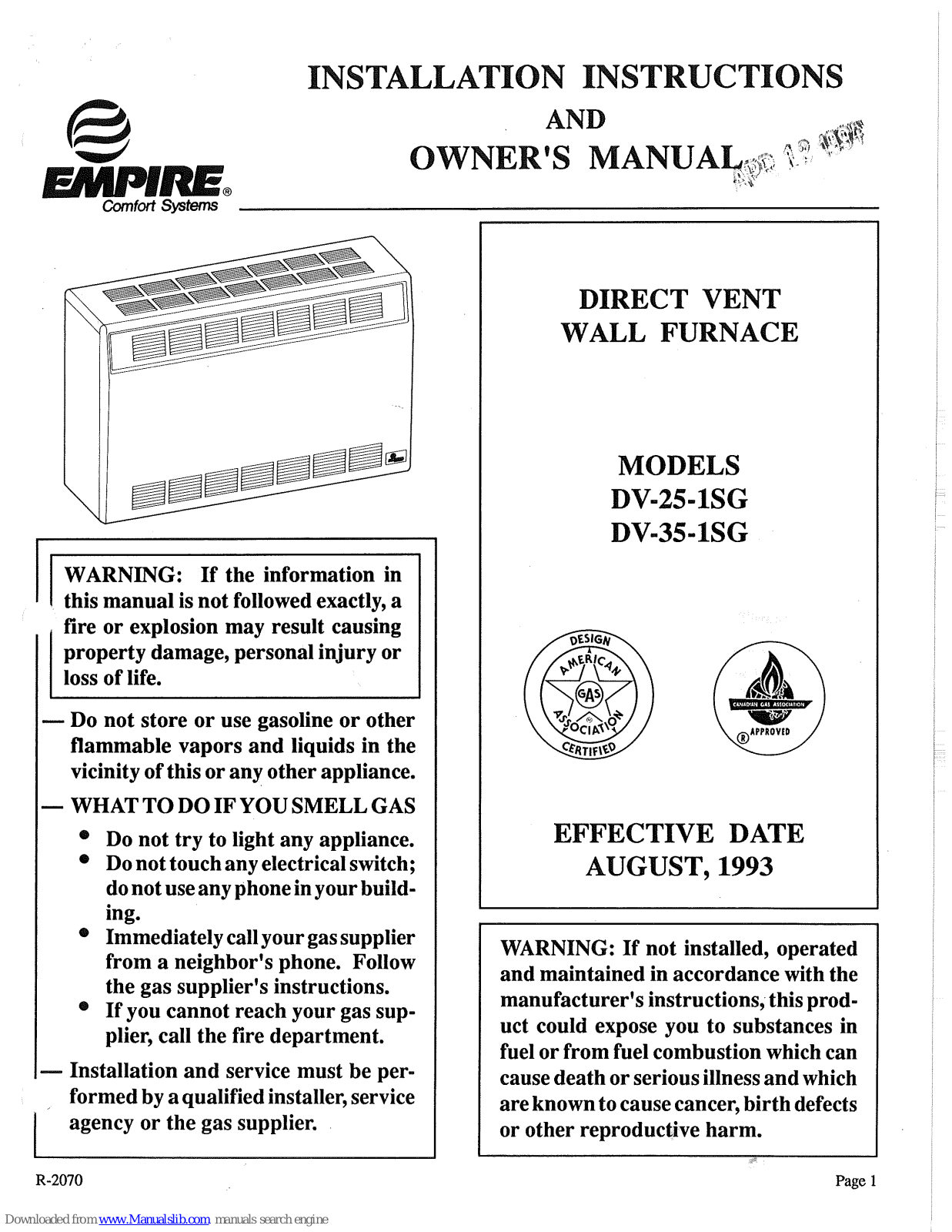 Empire Comfort Systems DV-25-1SG, DV-35-1SG Installation Instructions Manual