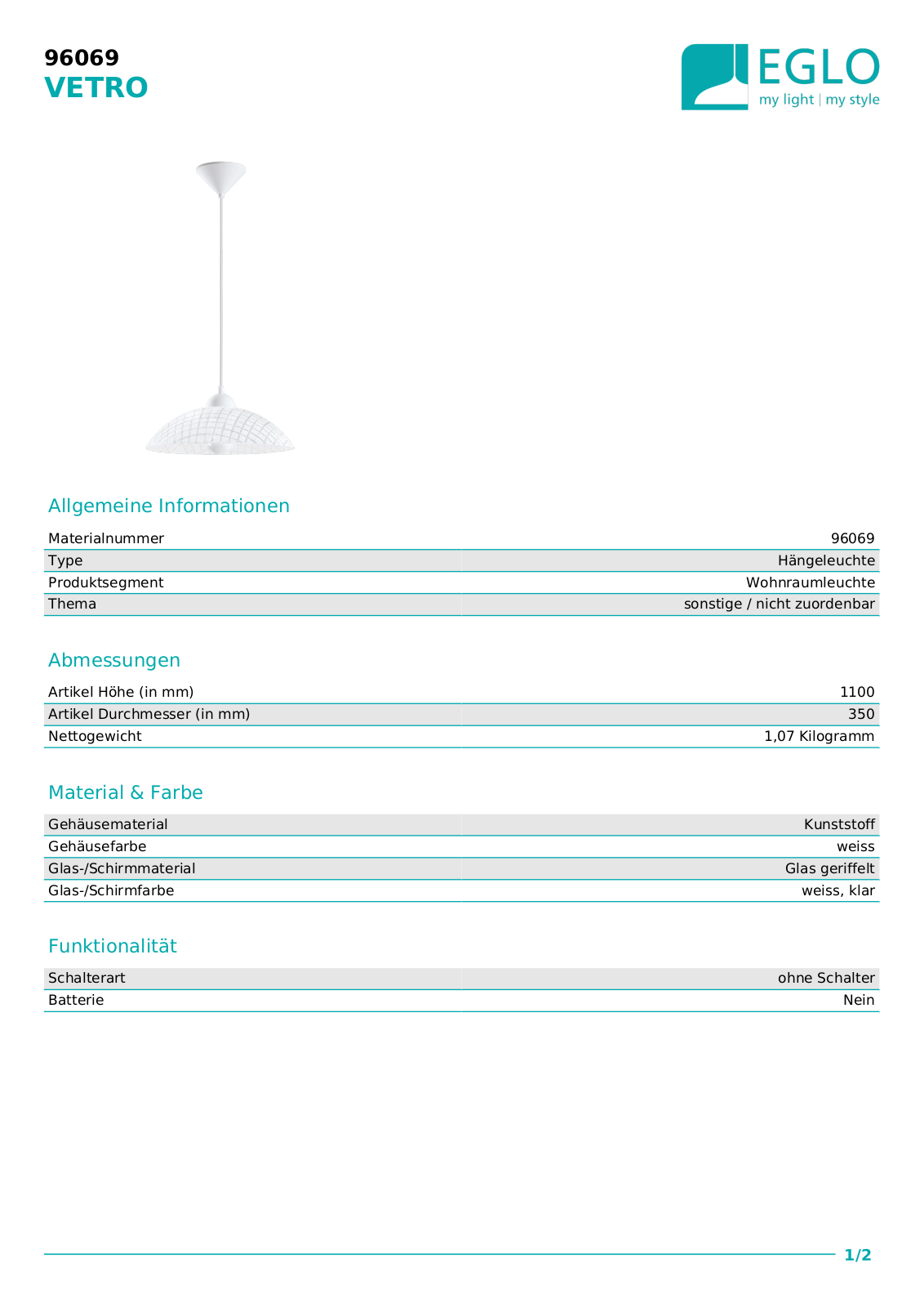 Eglo 96069 Technical data