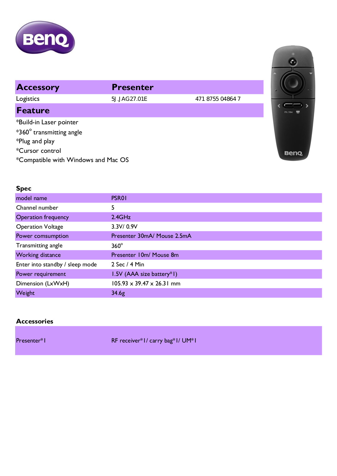 BenQ PSR01 User Manual