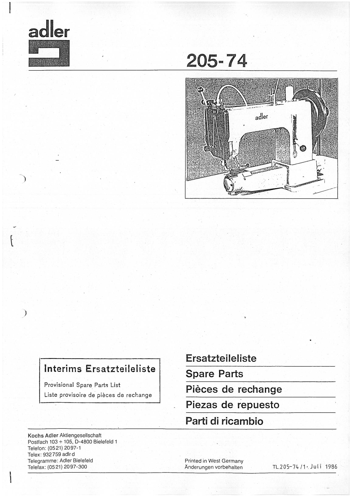 Durkopp Adler 205-74 Parts Book