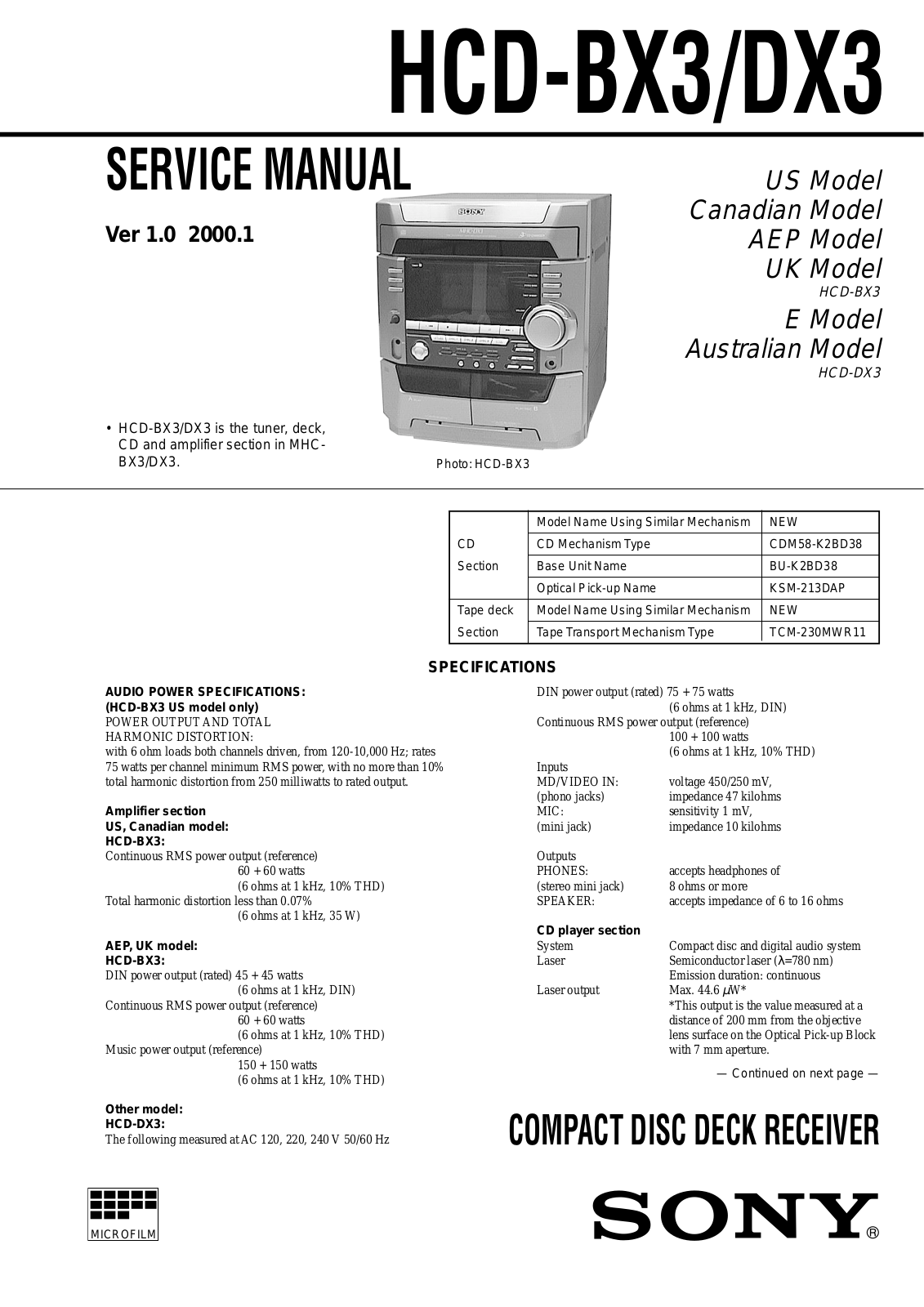 Sony HCD-BX3, HCD-DX3 Service manual