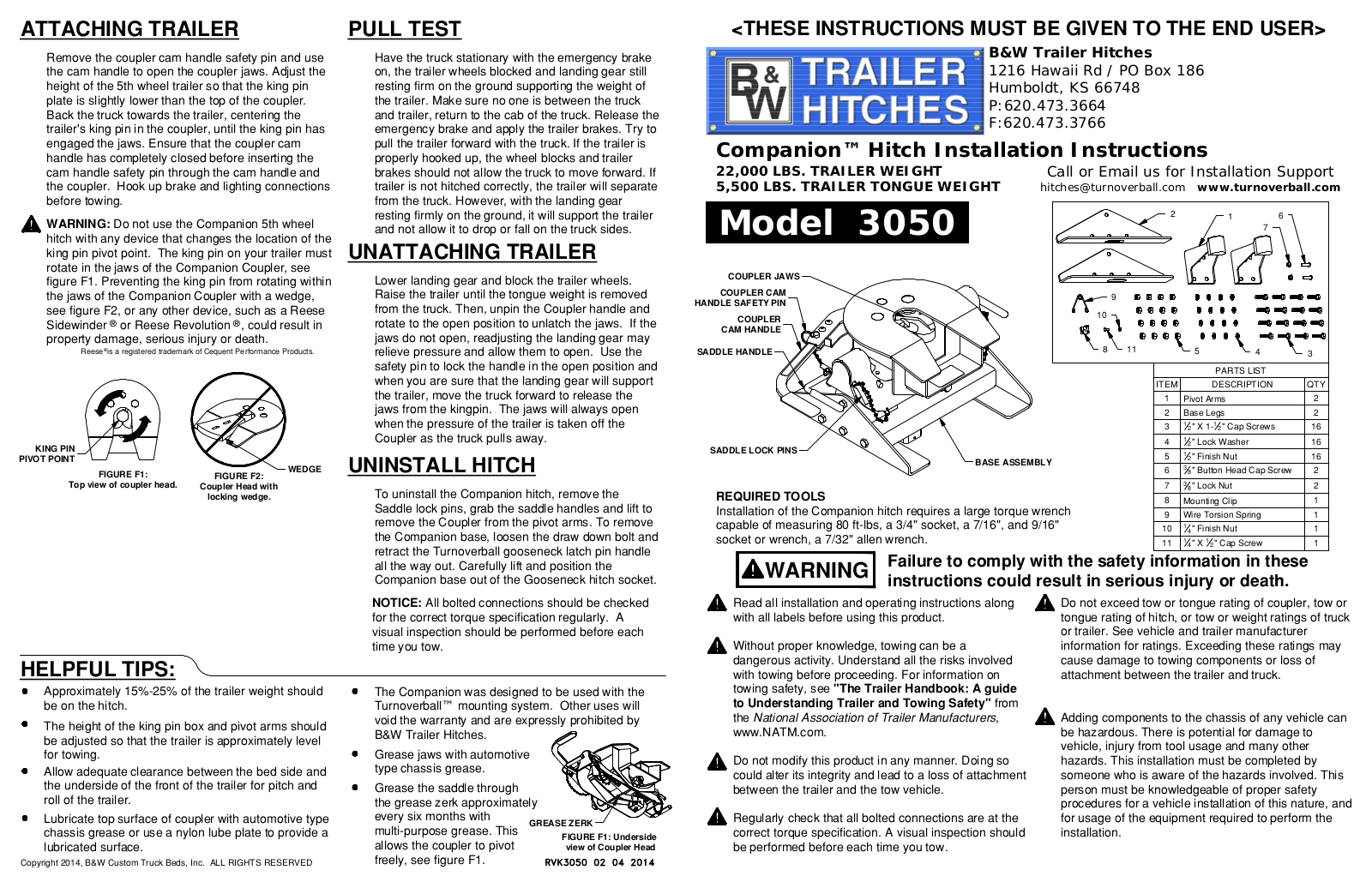 B&W Trailer Hitches RVK3050 User Manual