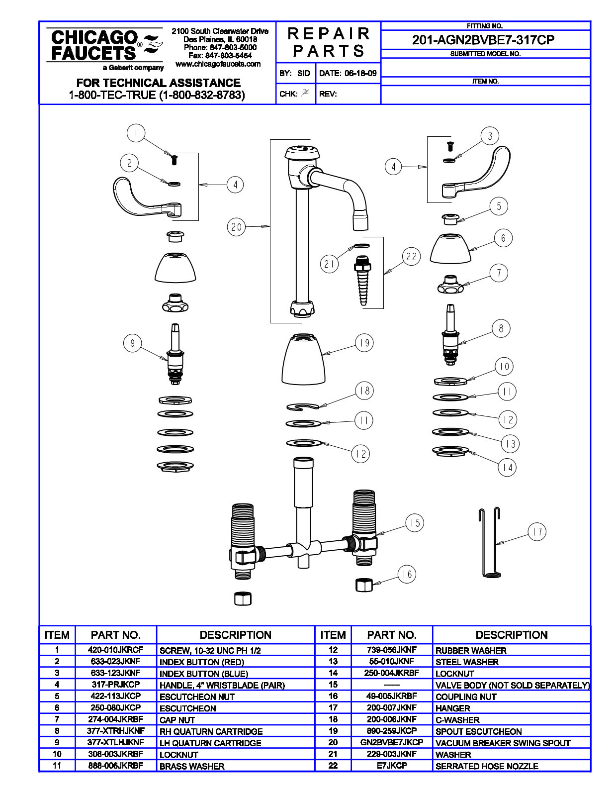 Chicago Faucet 201-AGN2BVBE7-317CP Parts List