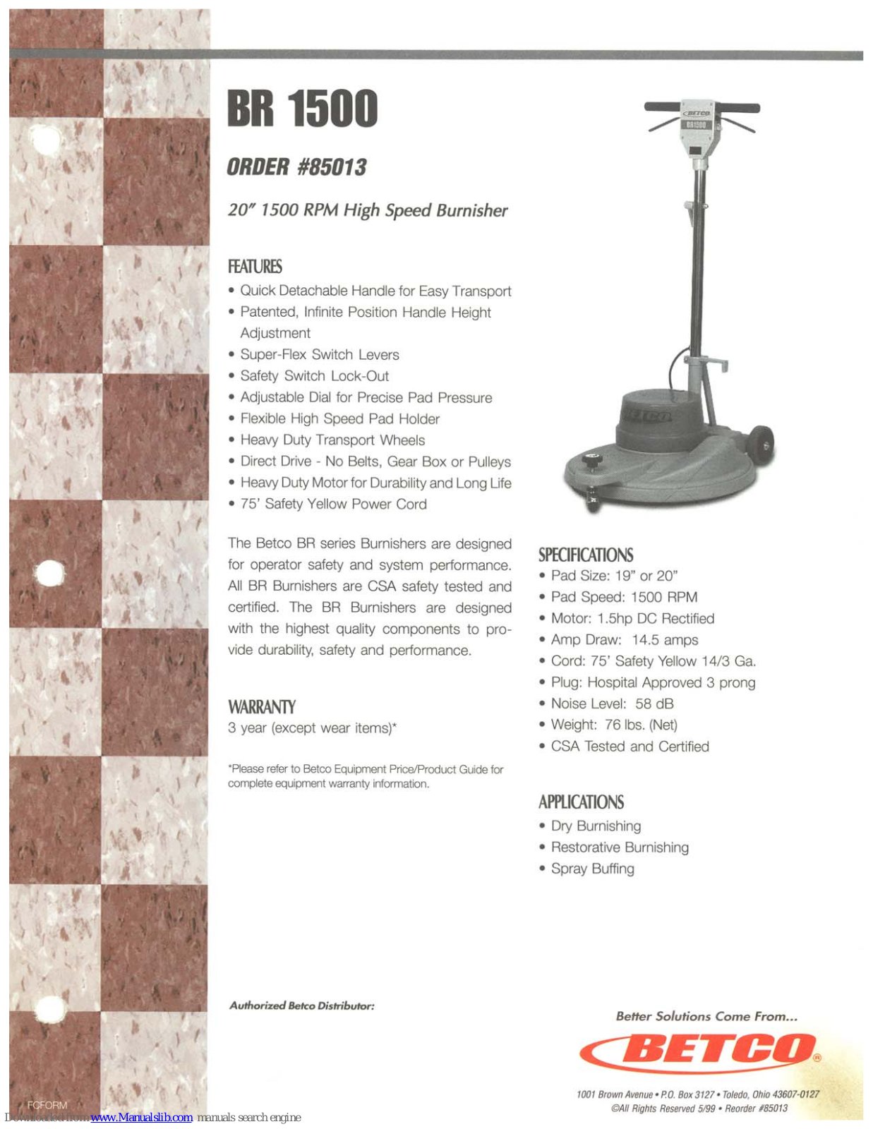 BETCO br2000, br2500, br7515 Operator's Manual