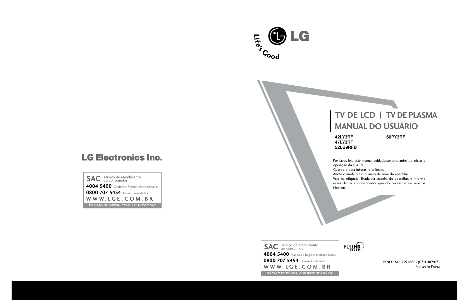 Lg 60PY3RF, 52LB9FRB, 42LY3RF User Manual