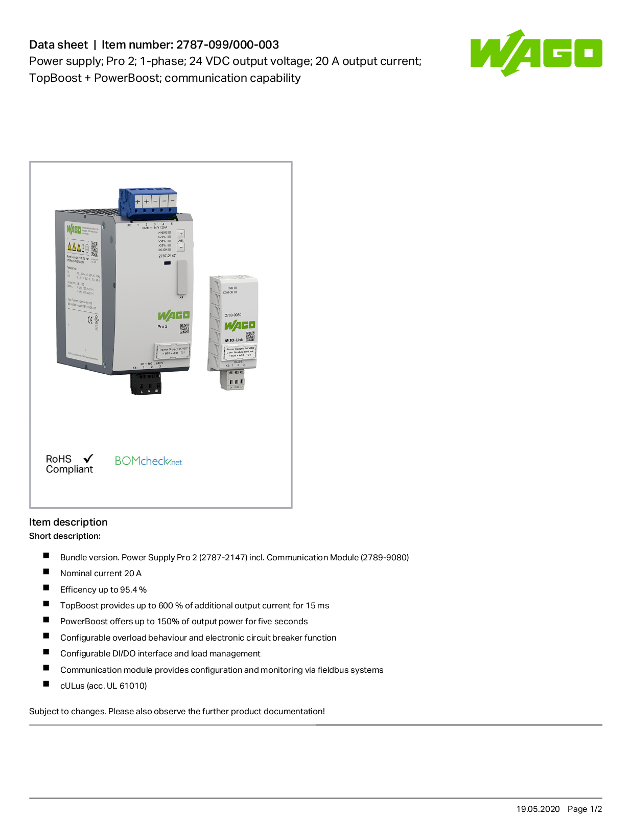 Wago 2787-099/000-003 Data Sheet